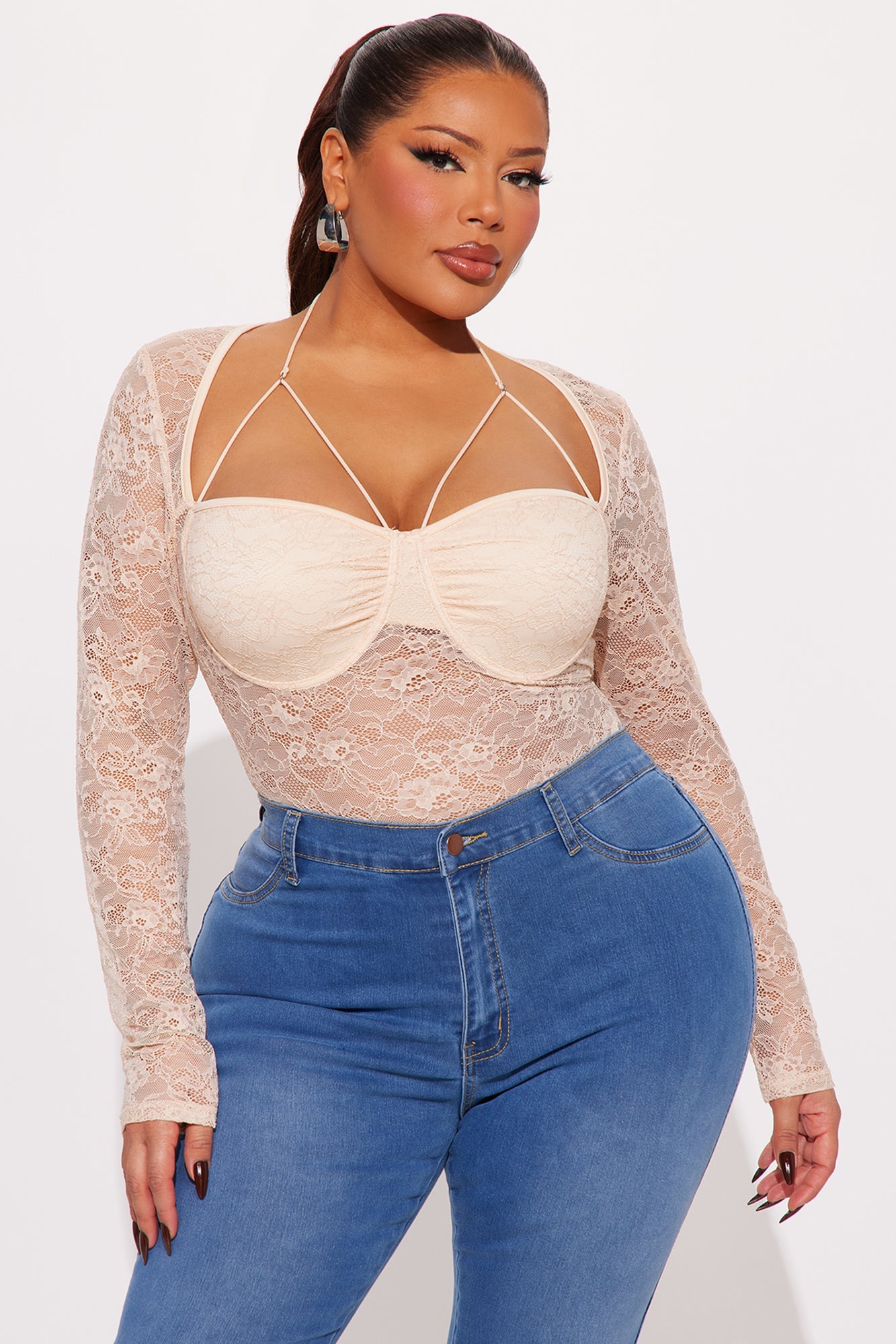 Hannah Sheer Lace Long Sleeve Bodysuit - Nude