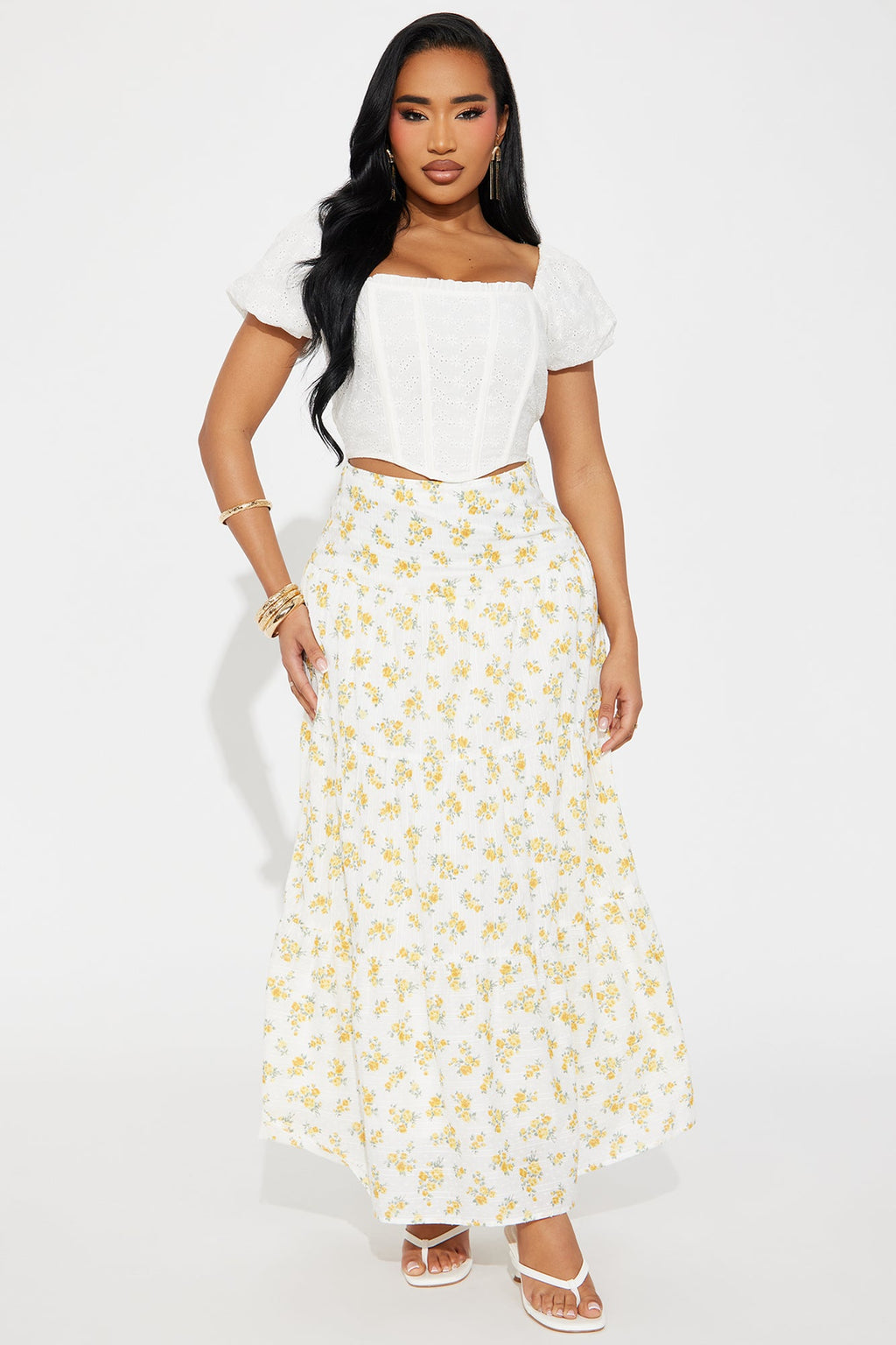 Sara Floral Tiered Maxi Skirt - Ivory