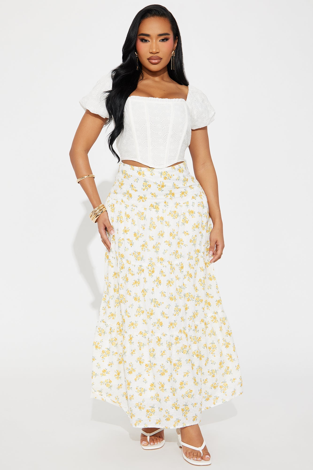 Sara Floral Tiered Maxi Skirt - Ivory