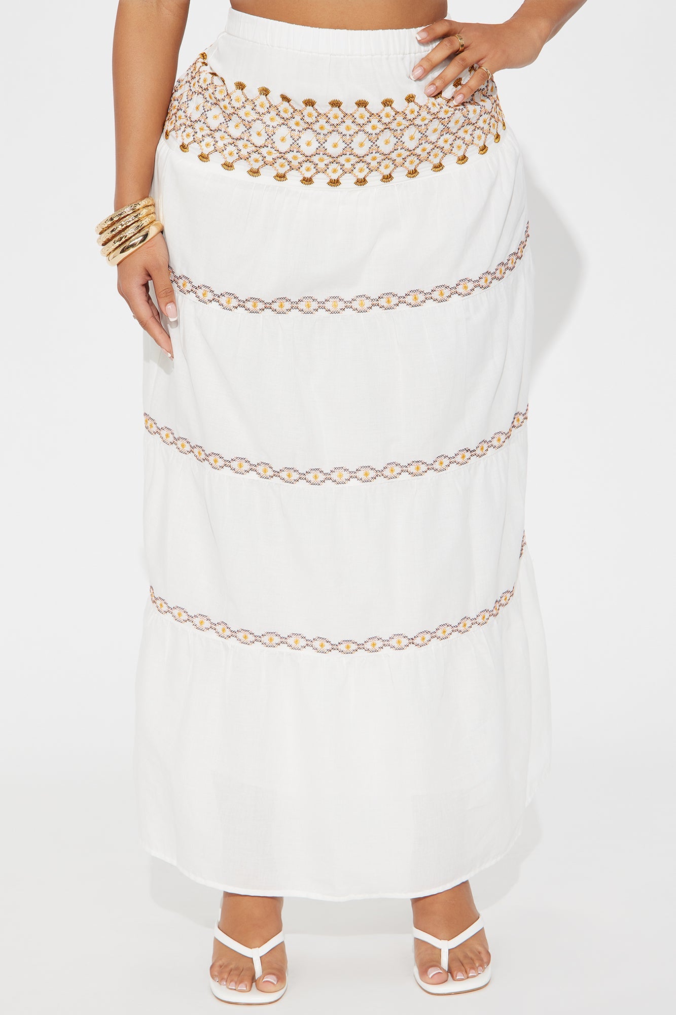 Sabrina Embroidered Tiered Maxi Skirt - White/combo