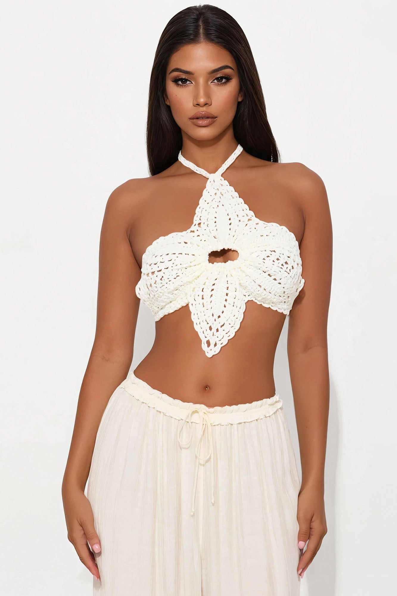 Wildflower Bliss Crochet Halter Top - Ivory