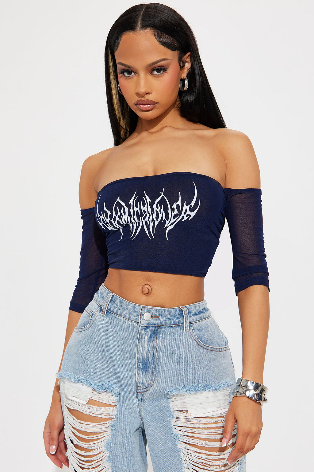 Main Stage Off Shoulder Crop Top - Navy