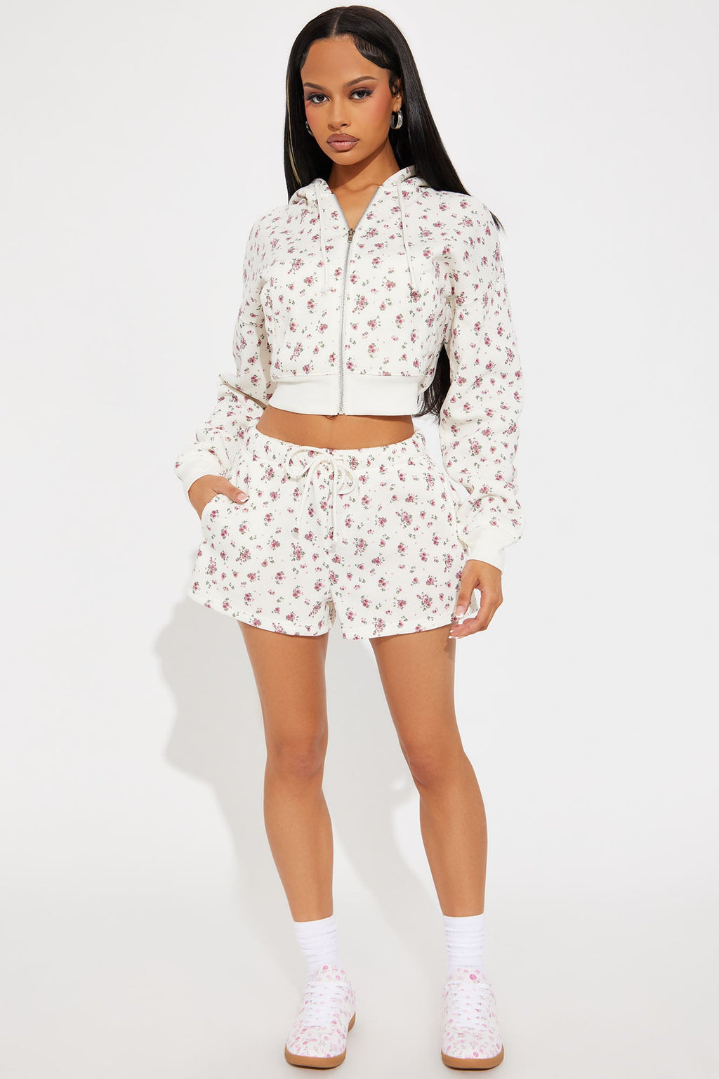 All The Flowers Fleece Short Set - Ivory/combo