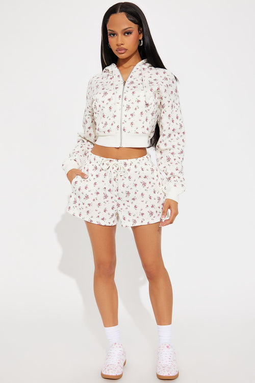 All The Flowers Fleece Short Set - Ivory/combo