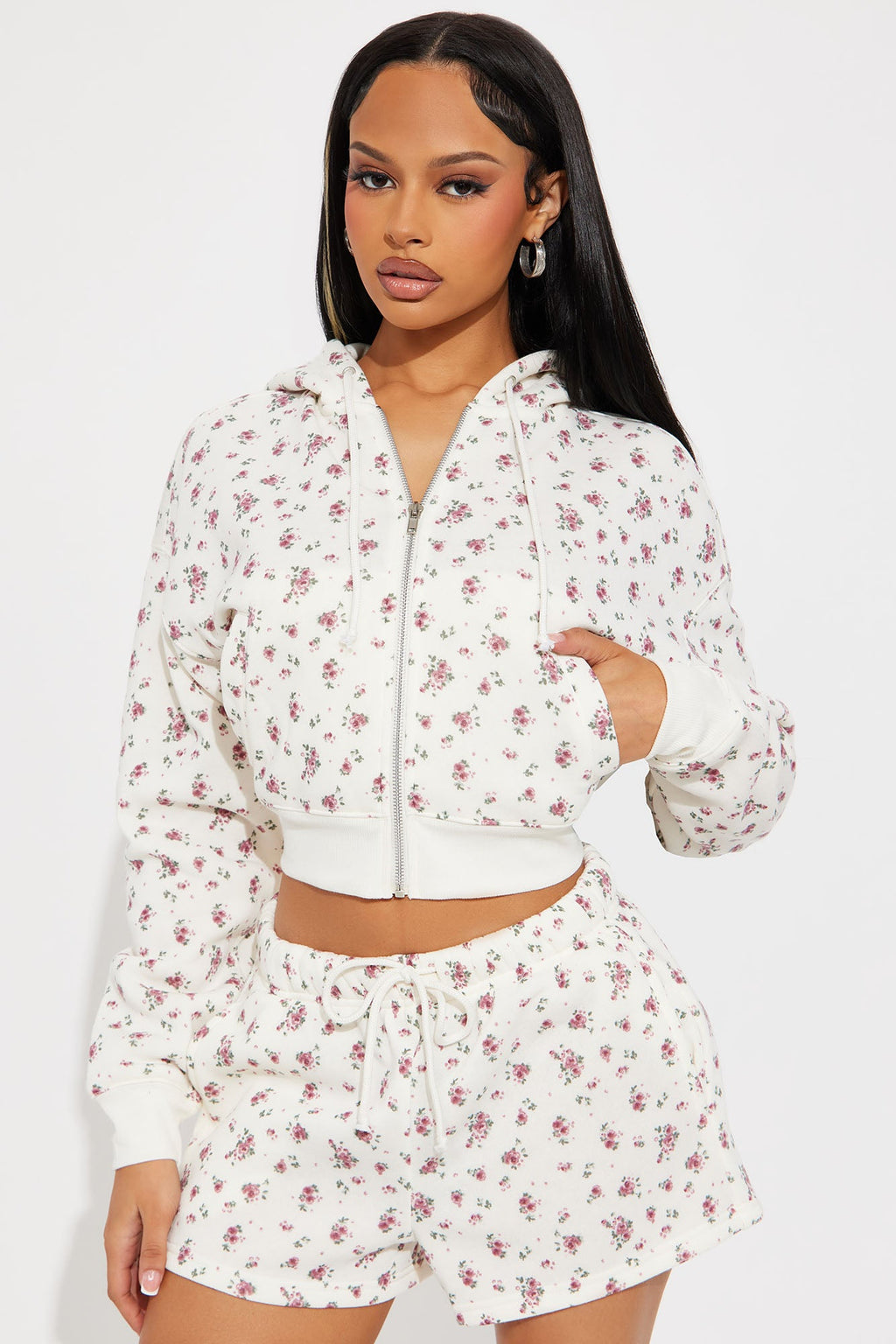 All The Flowers Fleece Short Set - Ivory/combo