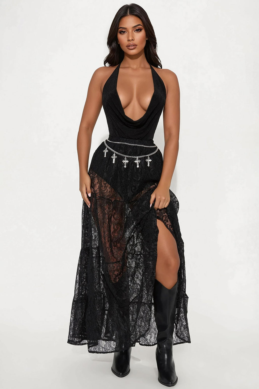 Victoria Lace Tiered Maxi Skirt - Black