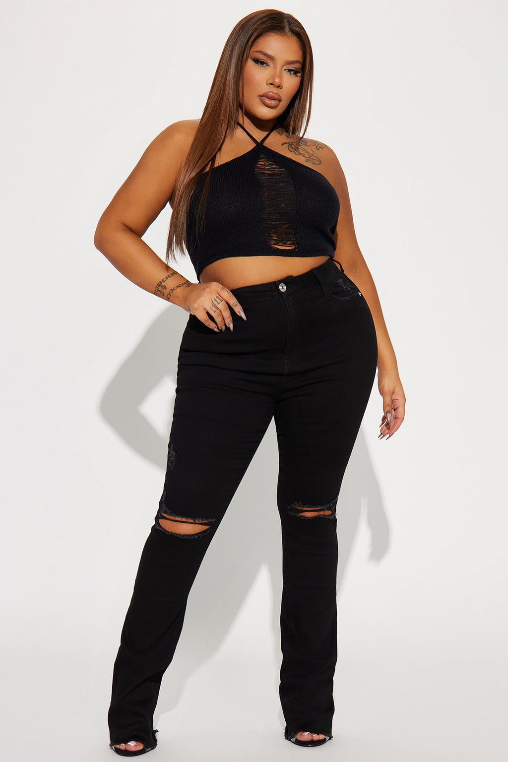 After Dark Ripped High Rise Stretch Bootcut Jeans - Black