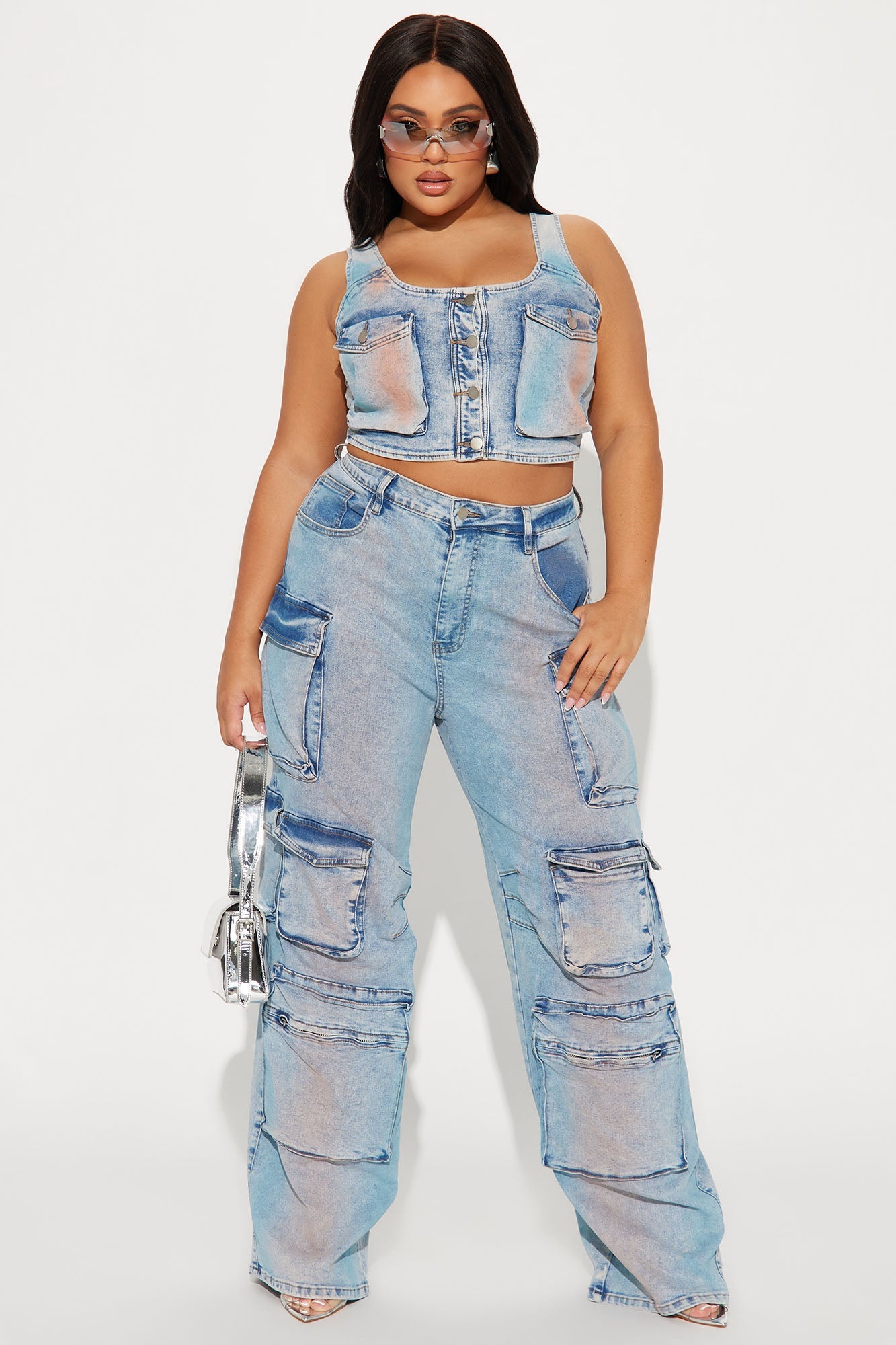 Losing Time Cargo Pant Set - Acid Wash Denim