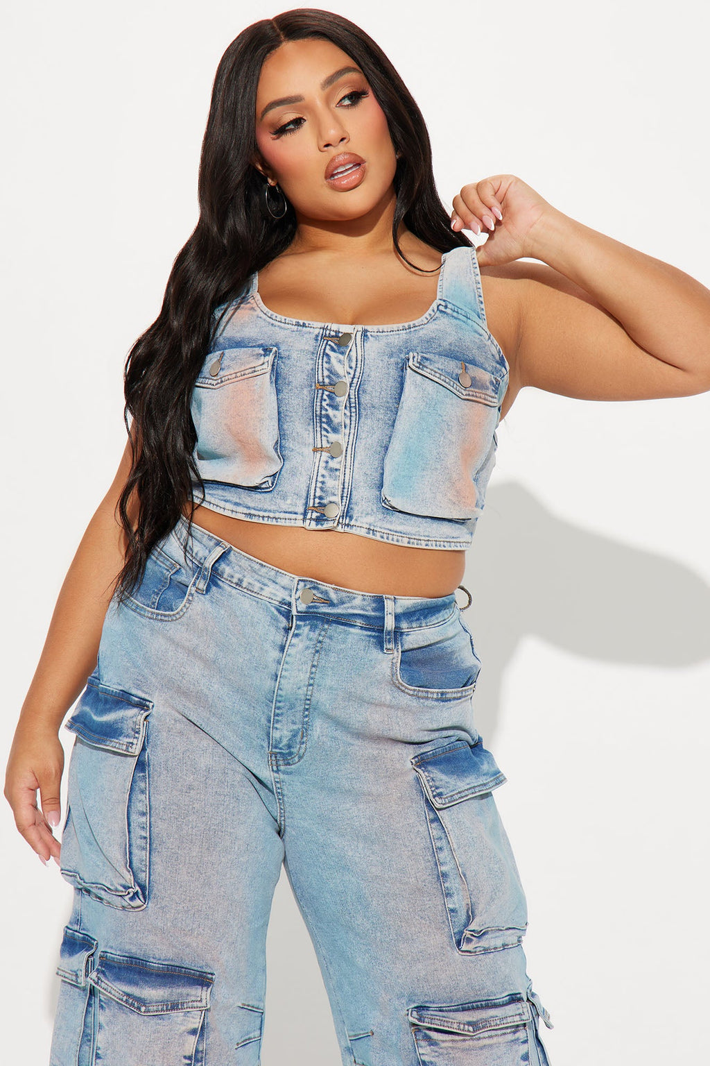 Losing Time Cargo Pant Set - Acid Wash Denim