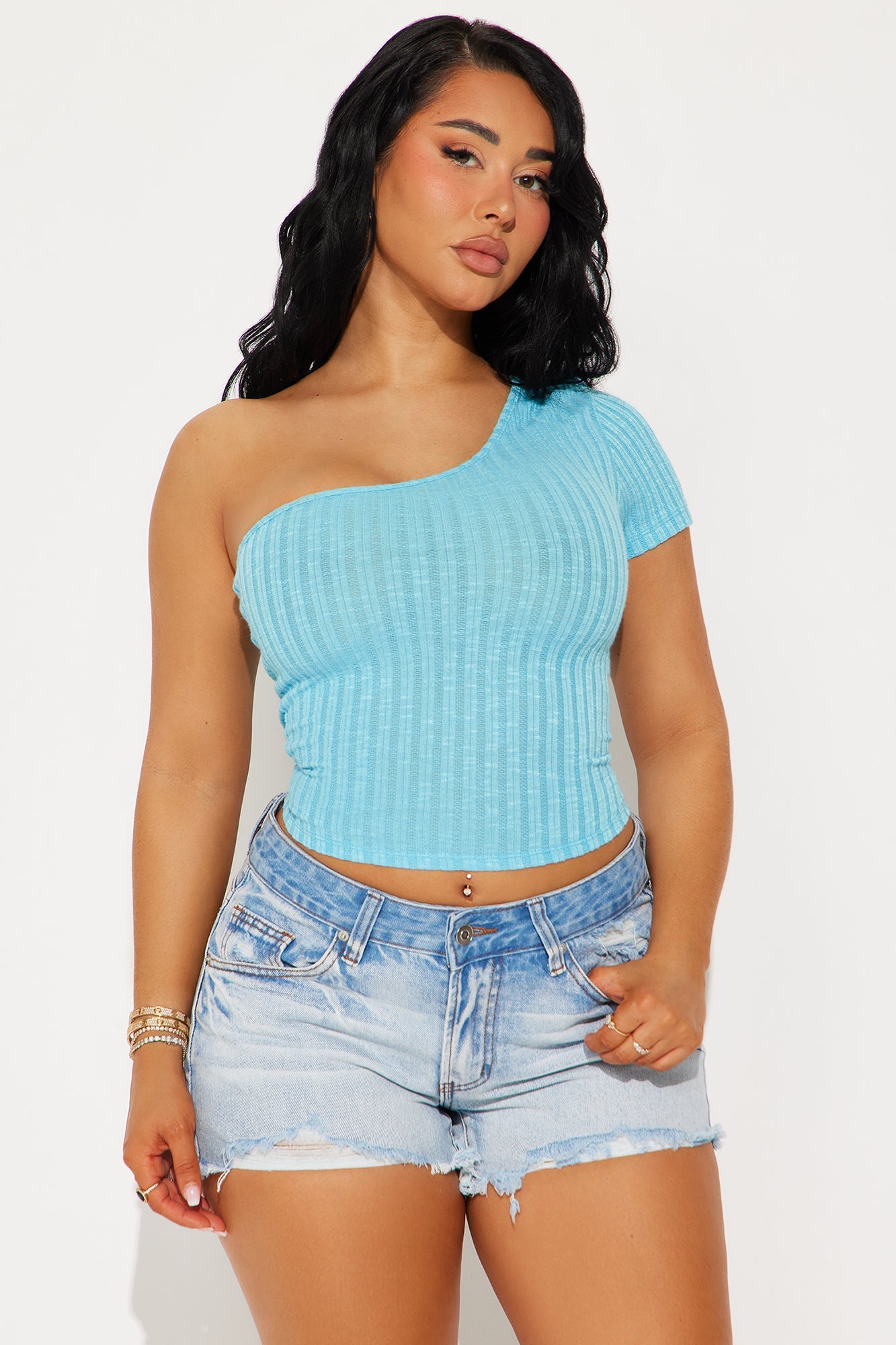 Stevie Ribbed One Shoulder Top - Blue