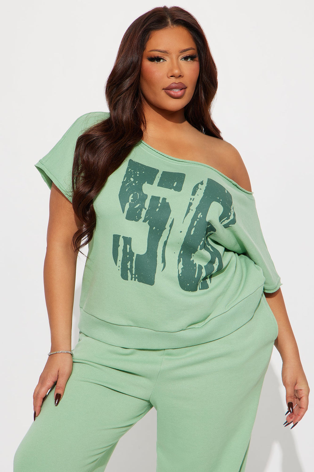 56 Off Shoulder Jogger Set - Sage