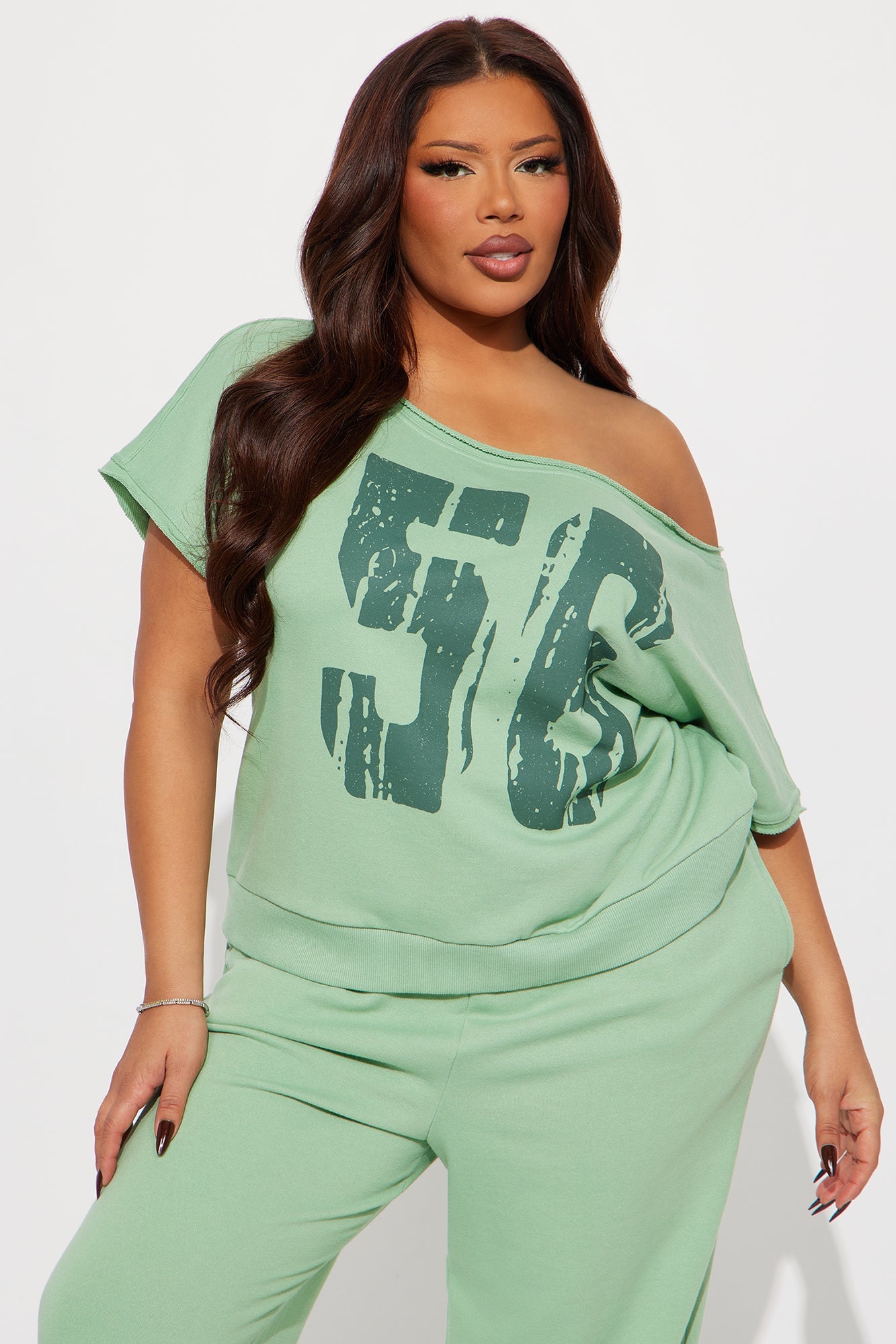 56 Off Shoulder Jogger Set - Sage