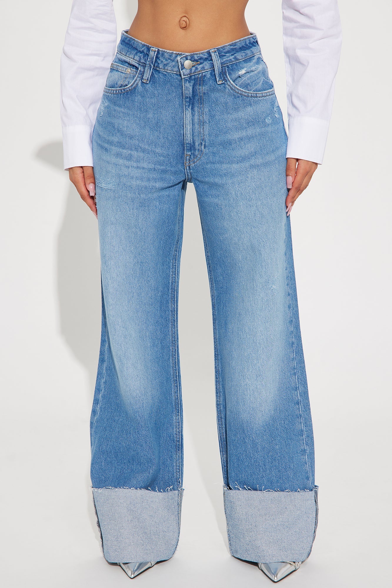 Jeanine Cuffed Wide Leg Jeans - Medium Wash
