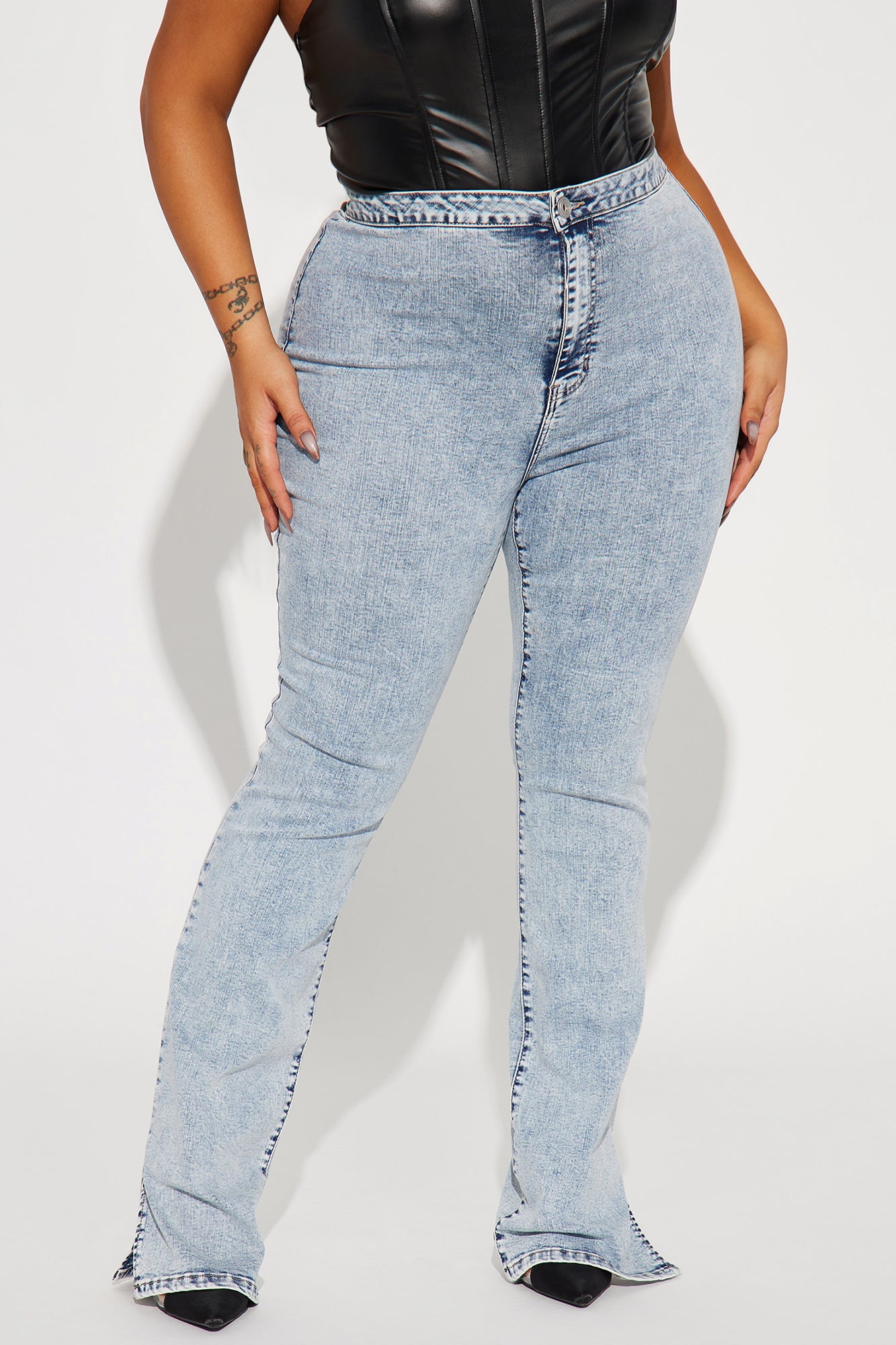 Side Slit Stretch Slim Bootcut Jeans - Acid Wash Denim