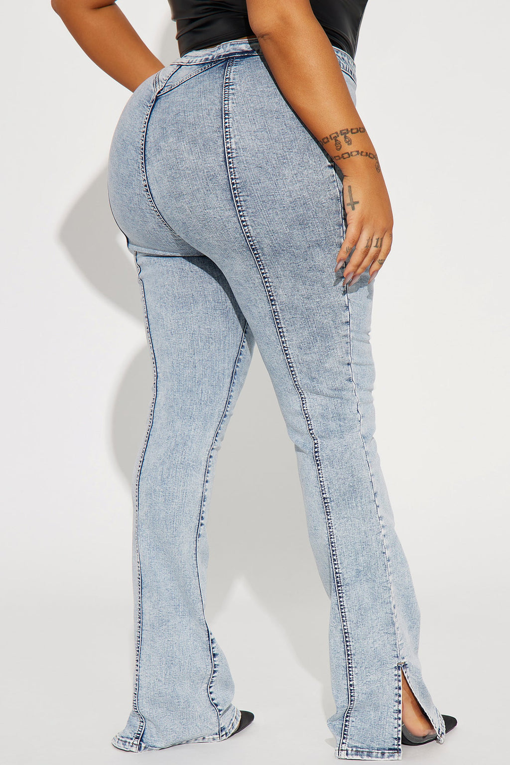 Side Slit Stretch Slim Bootcut Jeans - Acid Wash Denim