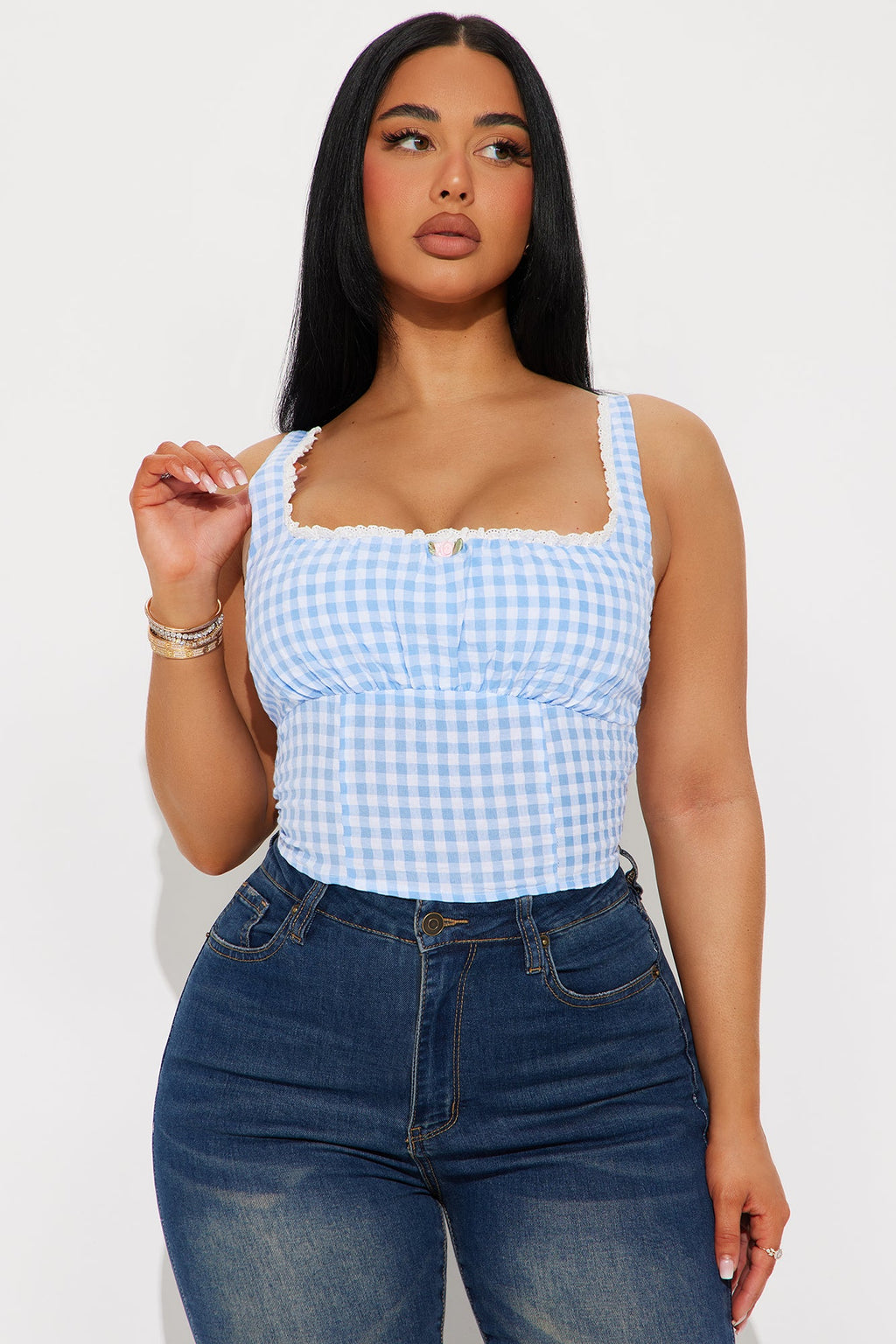 Gingham Charm Top - White/Blue