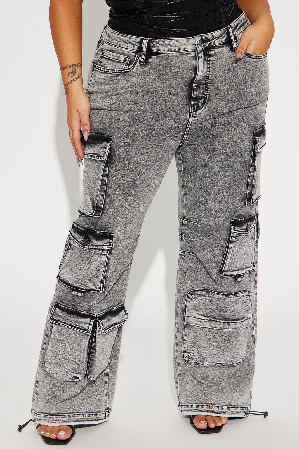 Fairfax High Rise Stretch Cargo Jeans - Acid Wash Grey