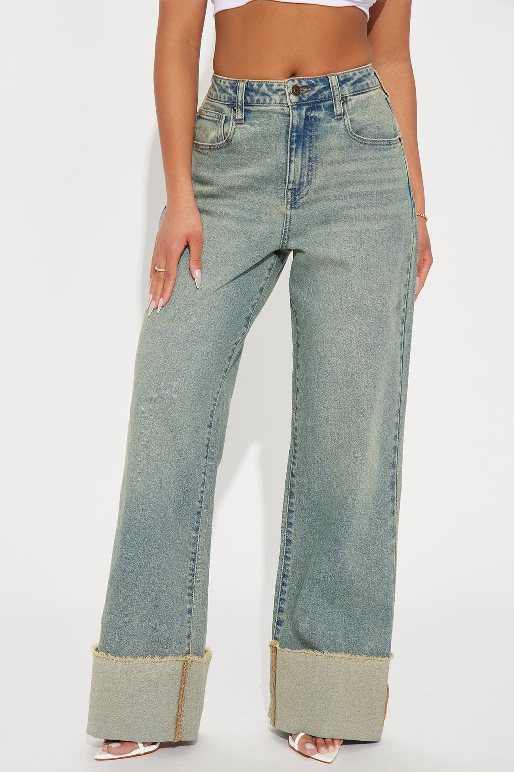 All The While Cuffed Wide Leg Jeans - Vintage Wash