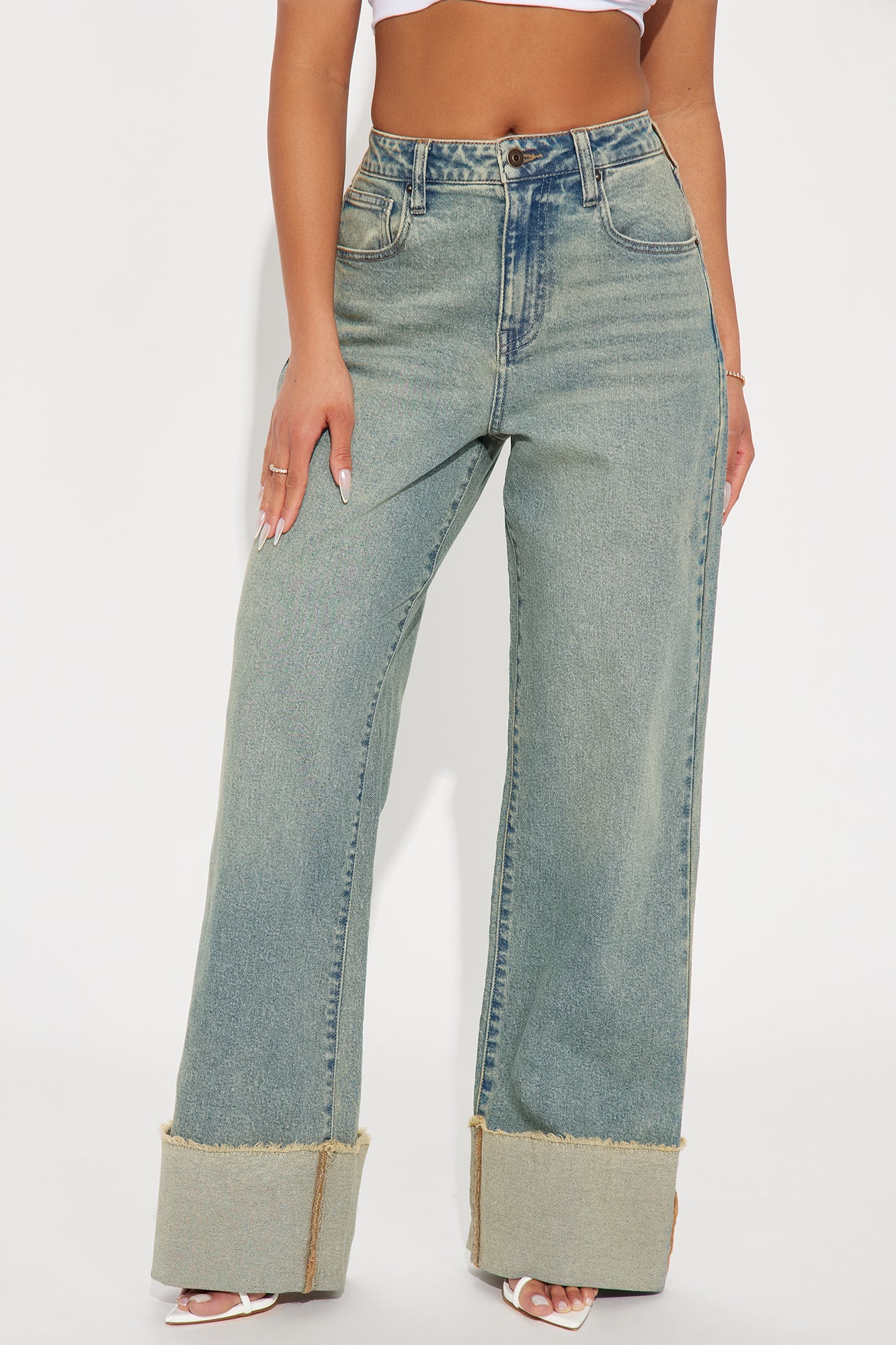 All The While Cuffed Wide Leg Jeans - Vintage Wash