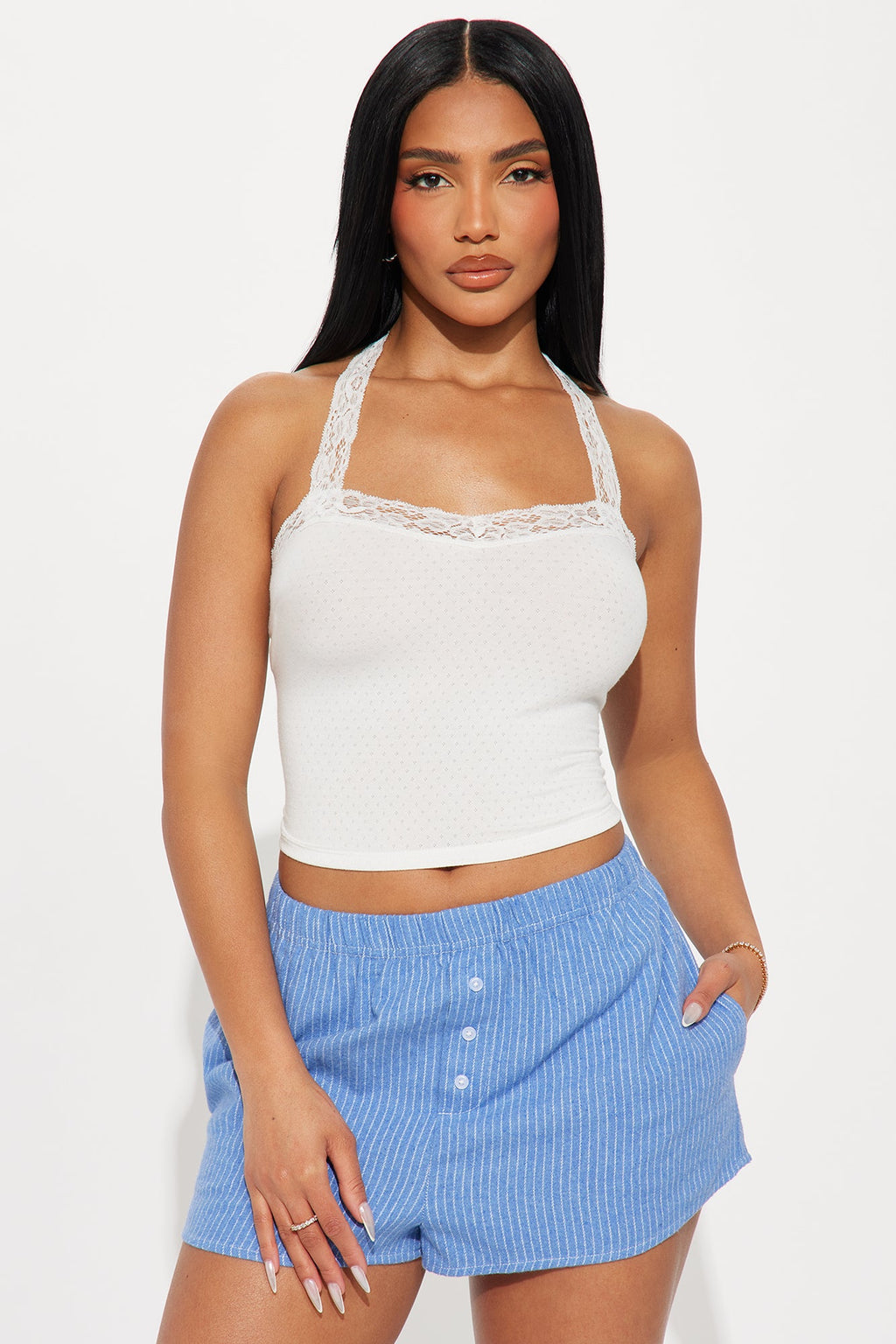 Easy Going Lace Trim Halter Top - White