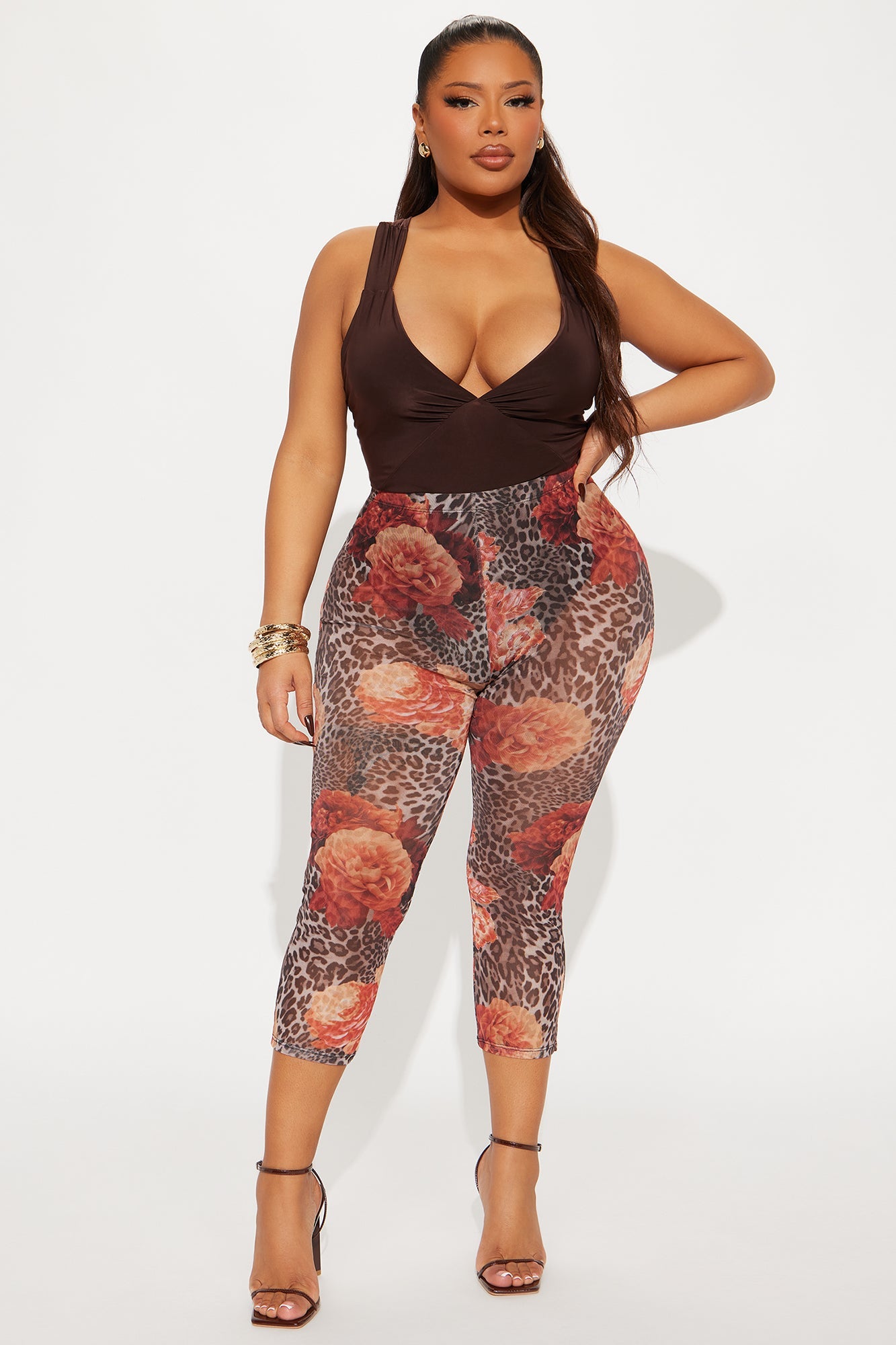 Mackenzie Floral Print Mesh Capri Legging - Brown Combo