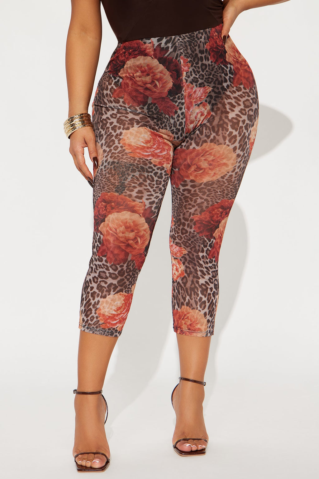 Mackenzie Floral Print Mesh Capri Legging - Brown Combo