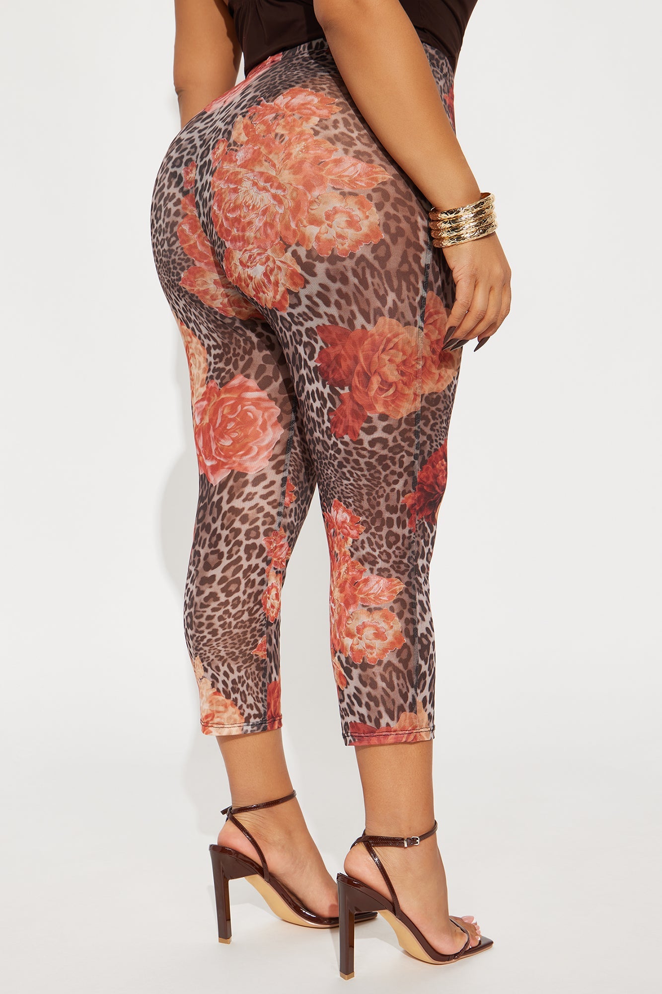 Mackenzie Floral Print Mesh Capri Legging - Brown Combo