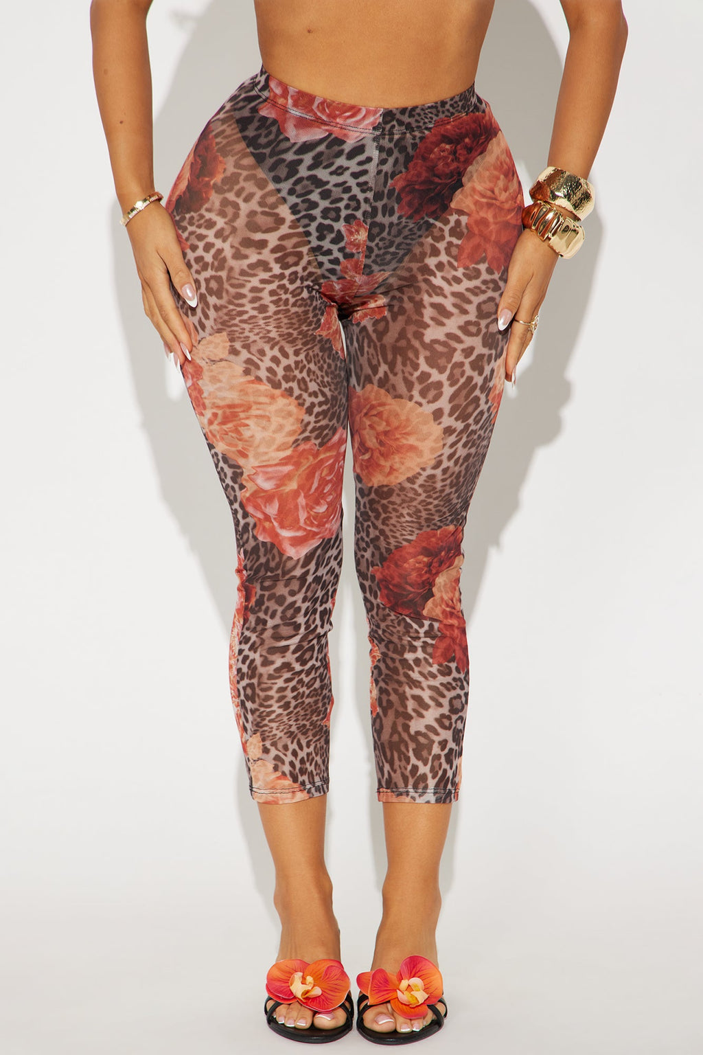 Mackenzie Floral Print Mesh Capri Legging - Brown Combo