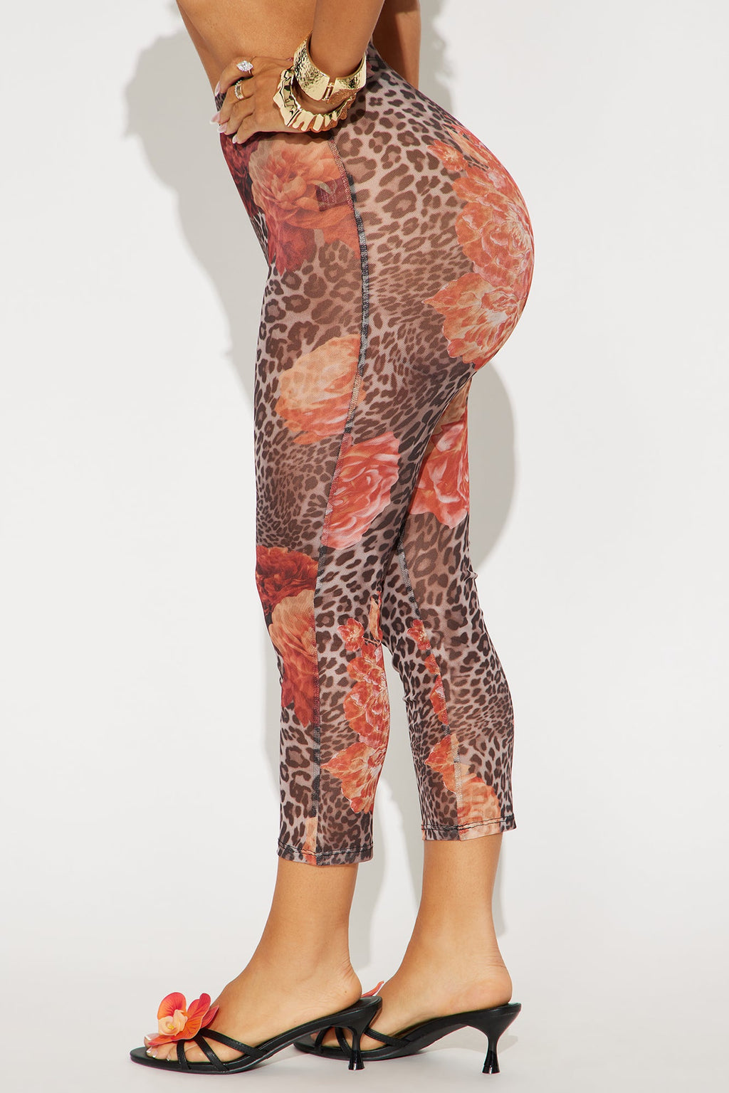 Mackenzie Floral Print Mesh Capri Legging - Brown Combo