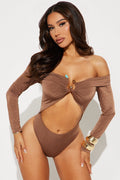 Heidi Off Shoulder Long Sleeve Cut Out Bodysuit - Chocolate