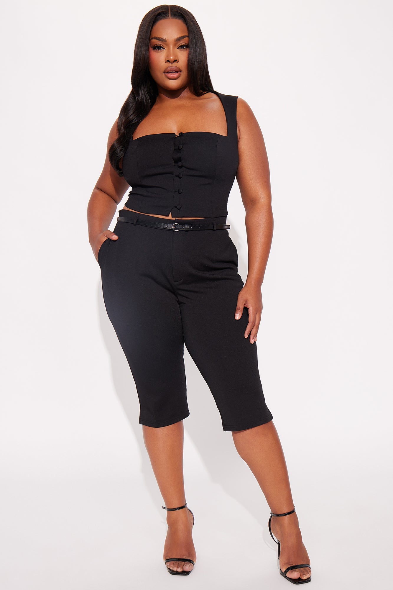 Hannah Square Neck Vest Capri Pant Set - Black