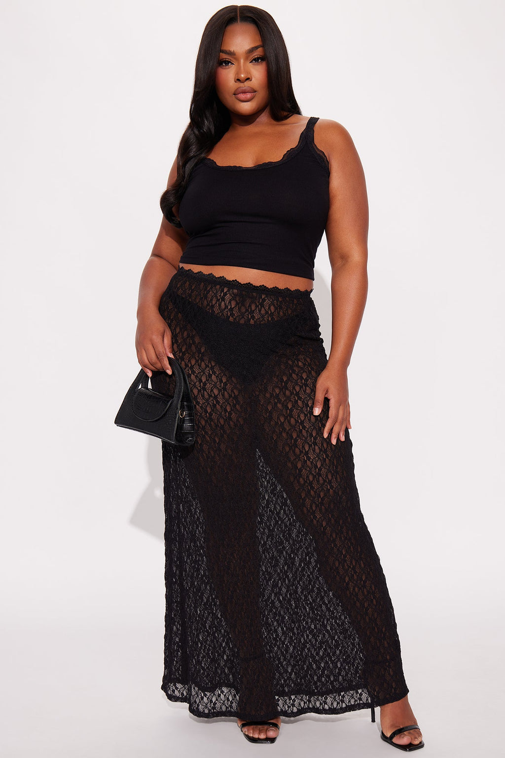 Simone Sheer Lace Bias Cut Maxi Skirt - Black
