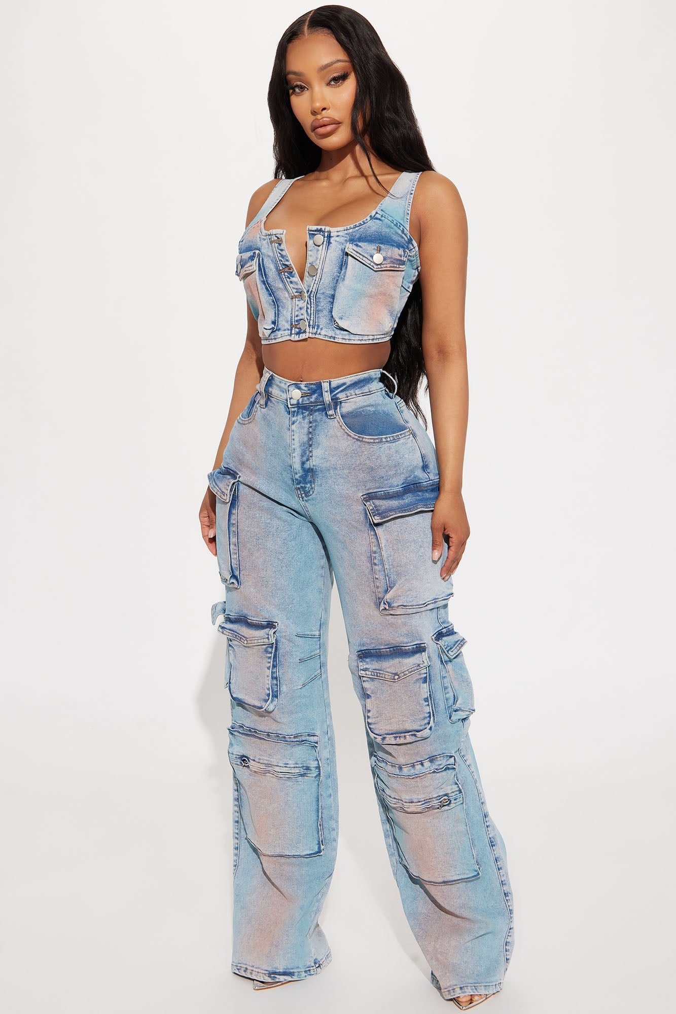 Losing Time Cargo Pant Set - Acid Wash Denim