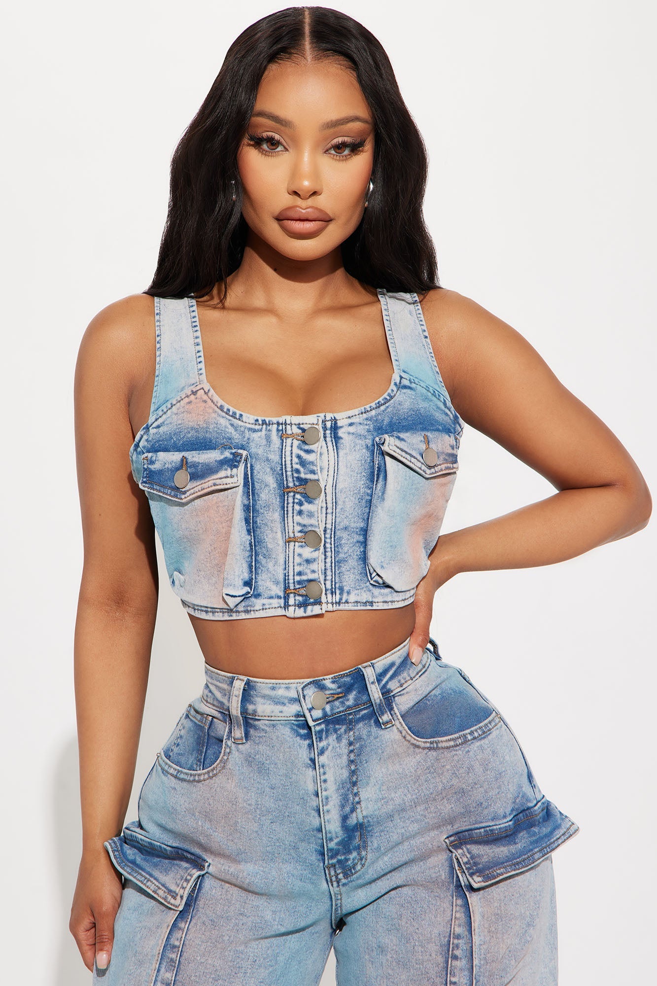 Losing Time Cargo Pant Set - Acid Wash Denim