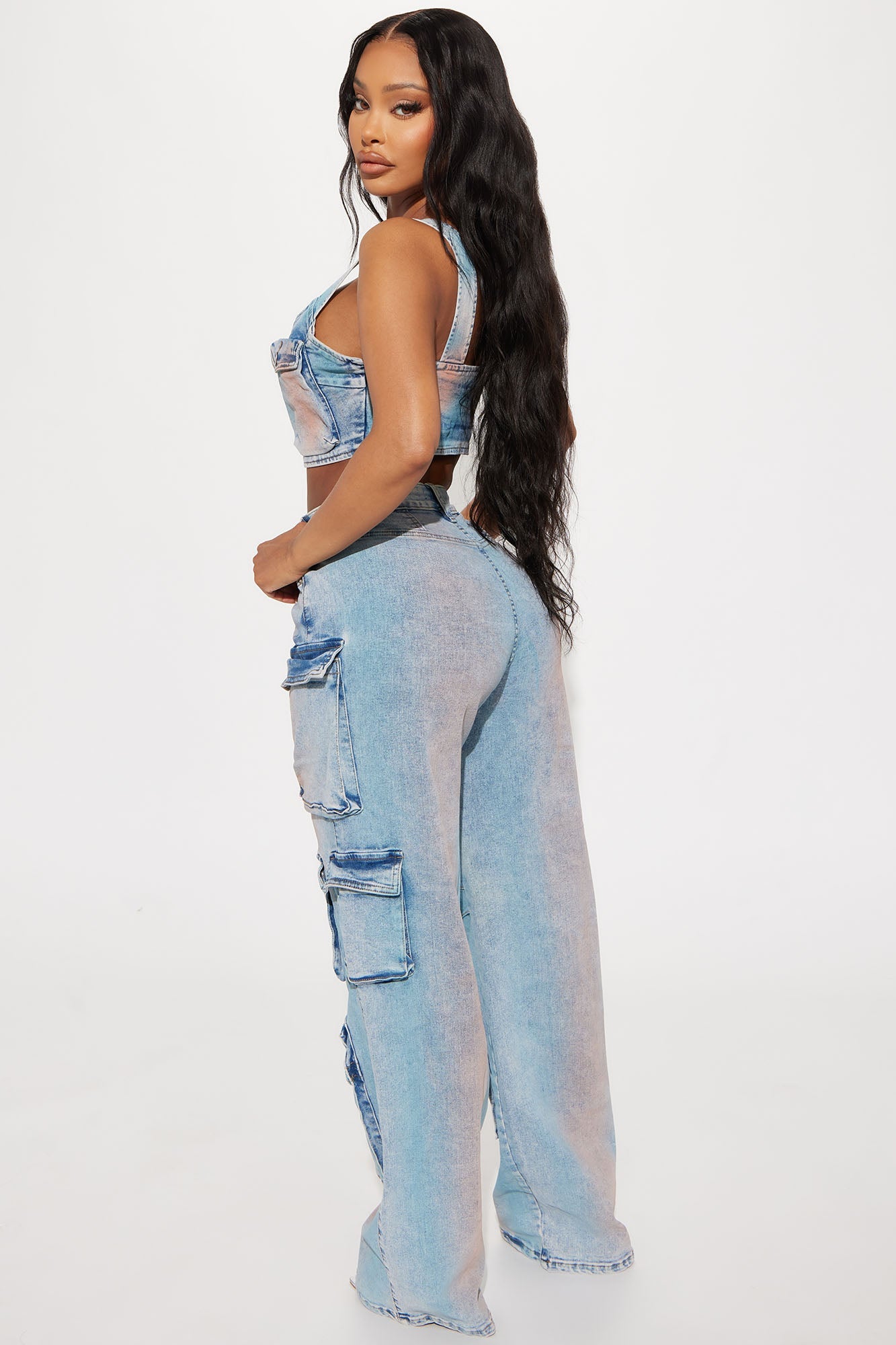 Losing Time Cargo Pant Set - Acid Wash Denim