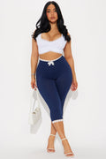 Valentina Solid Lace Trim Capri Legging - Navy