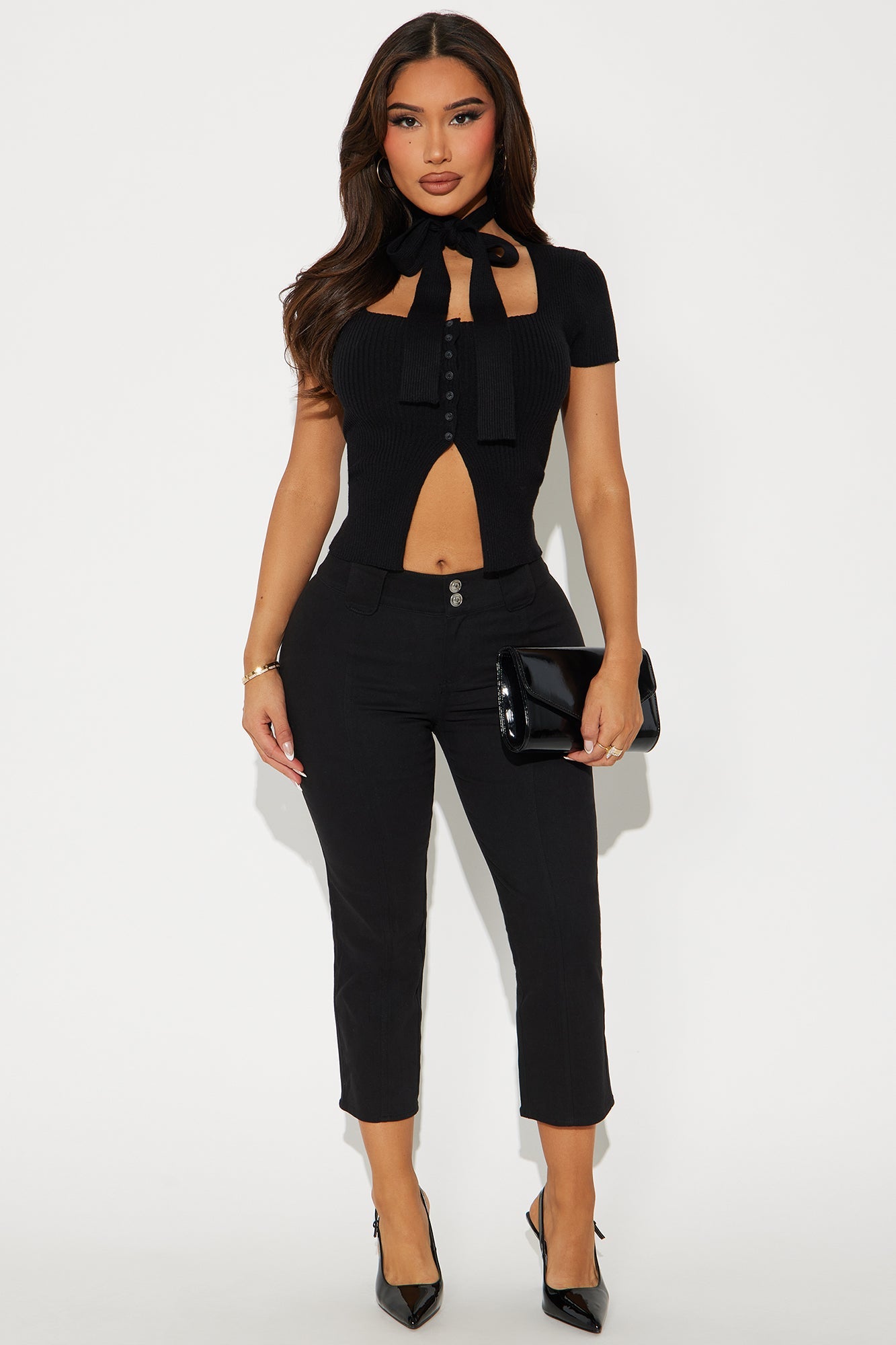 Laressa Neck Tie Sweater Top - Black