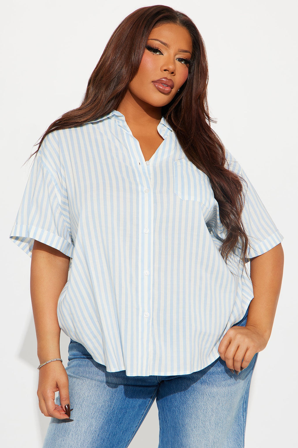 Breana Striped Button Front Shirt - Blue/combo