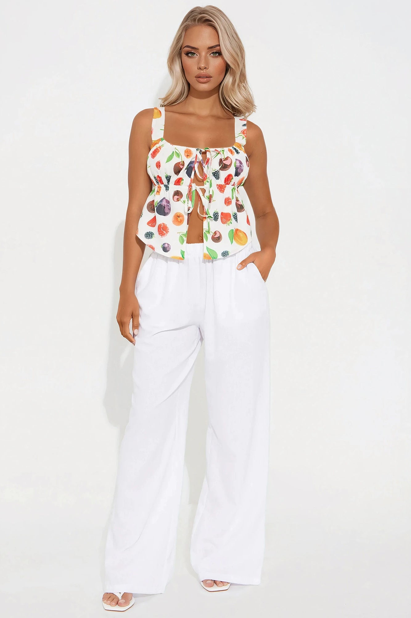 Delicate Taste Tie Front Top - White/combo