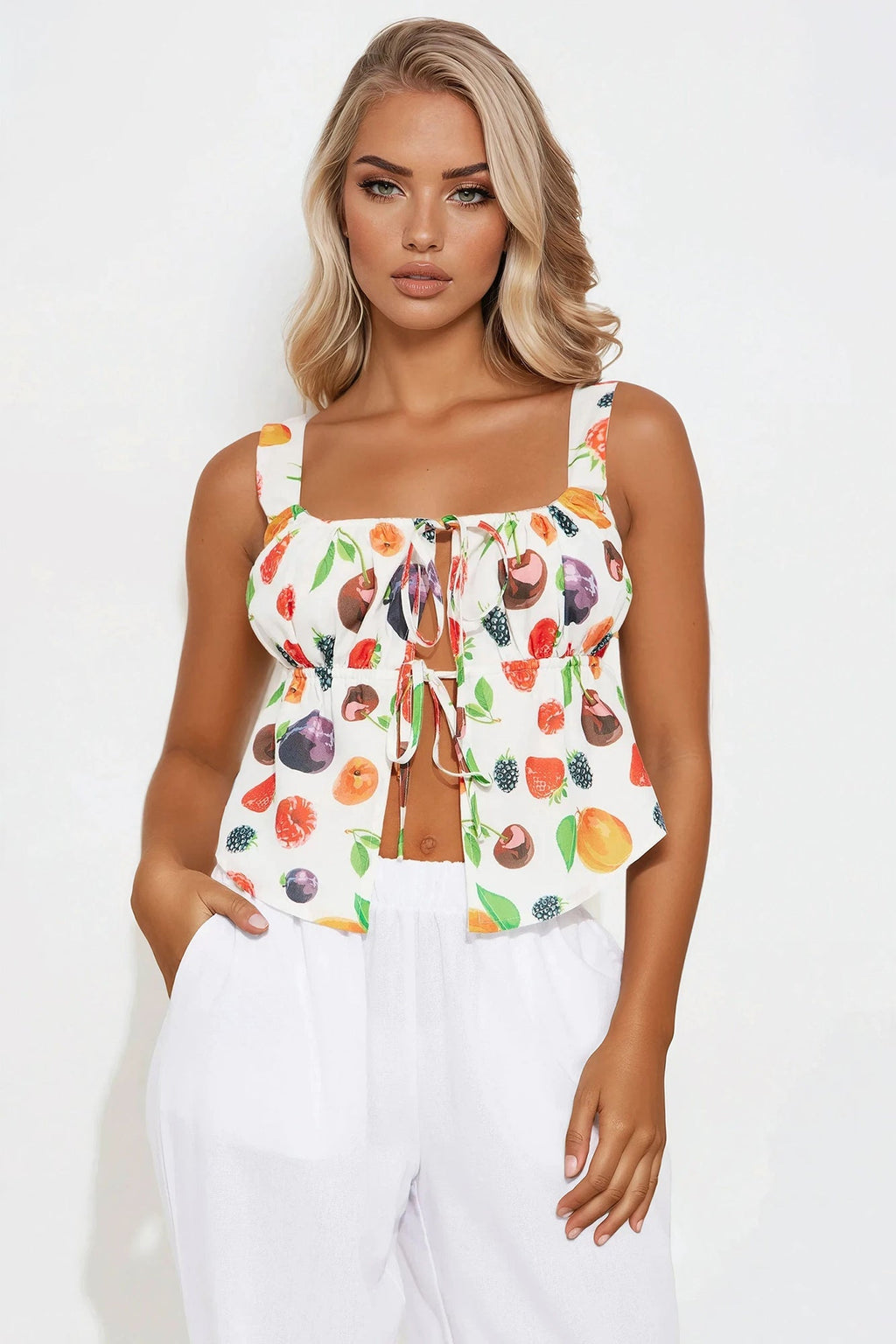 Delicate Taste Tie Front Top - White/combo