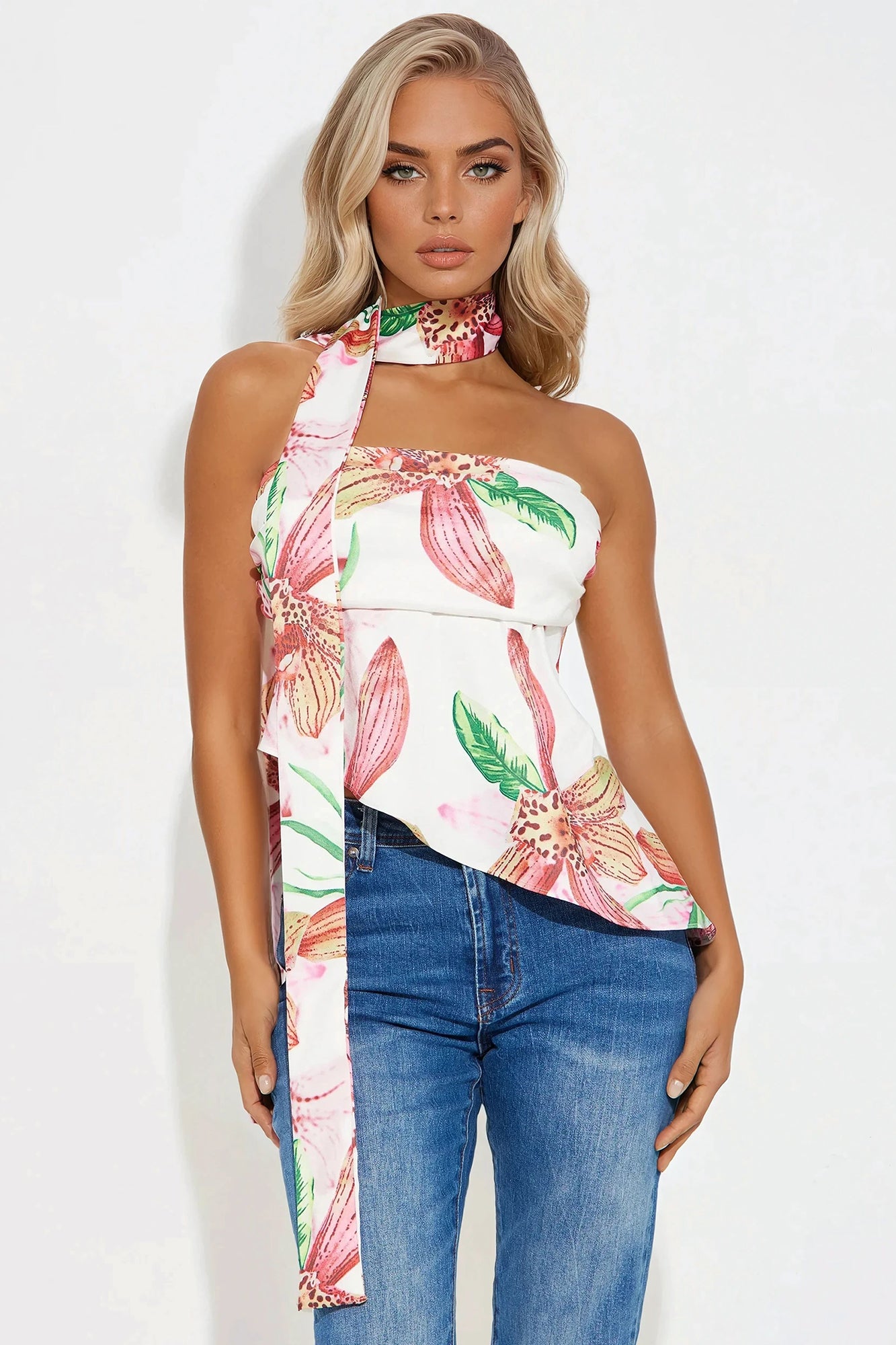 Sweet Lilies Strapless Neck Tie Floral Top - White/combo