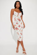 Floral Lace Up Midi Dress - Off White