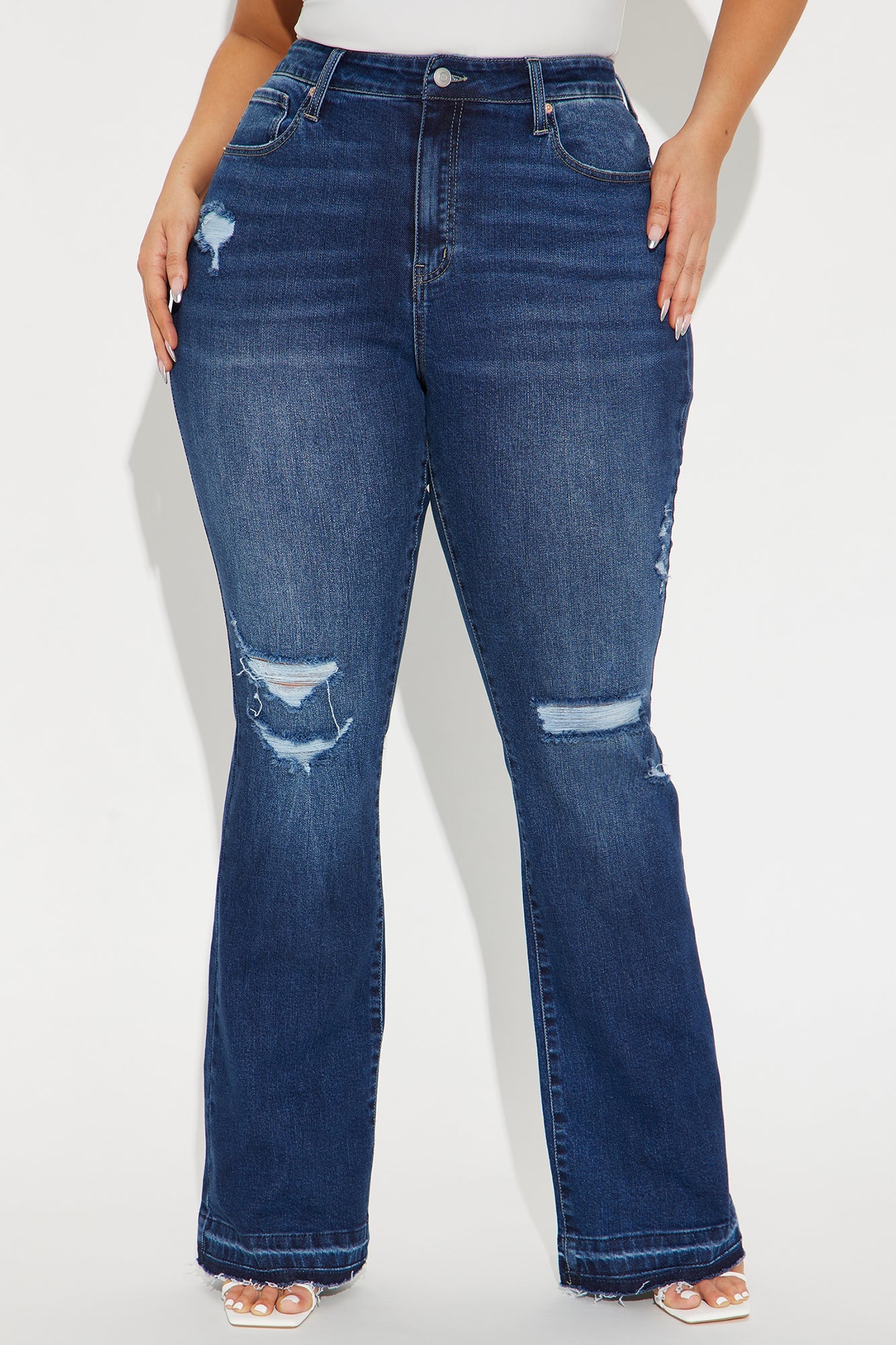Take No Chances Ripped Stretch Flare Jeans - Dark Wash
