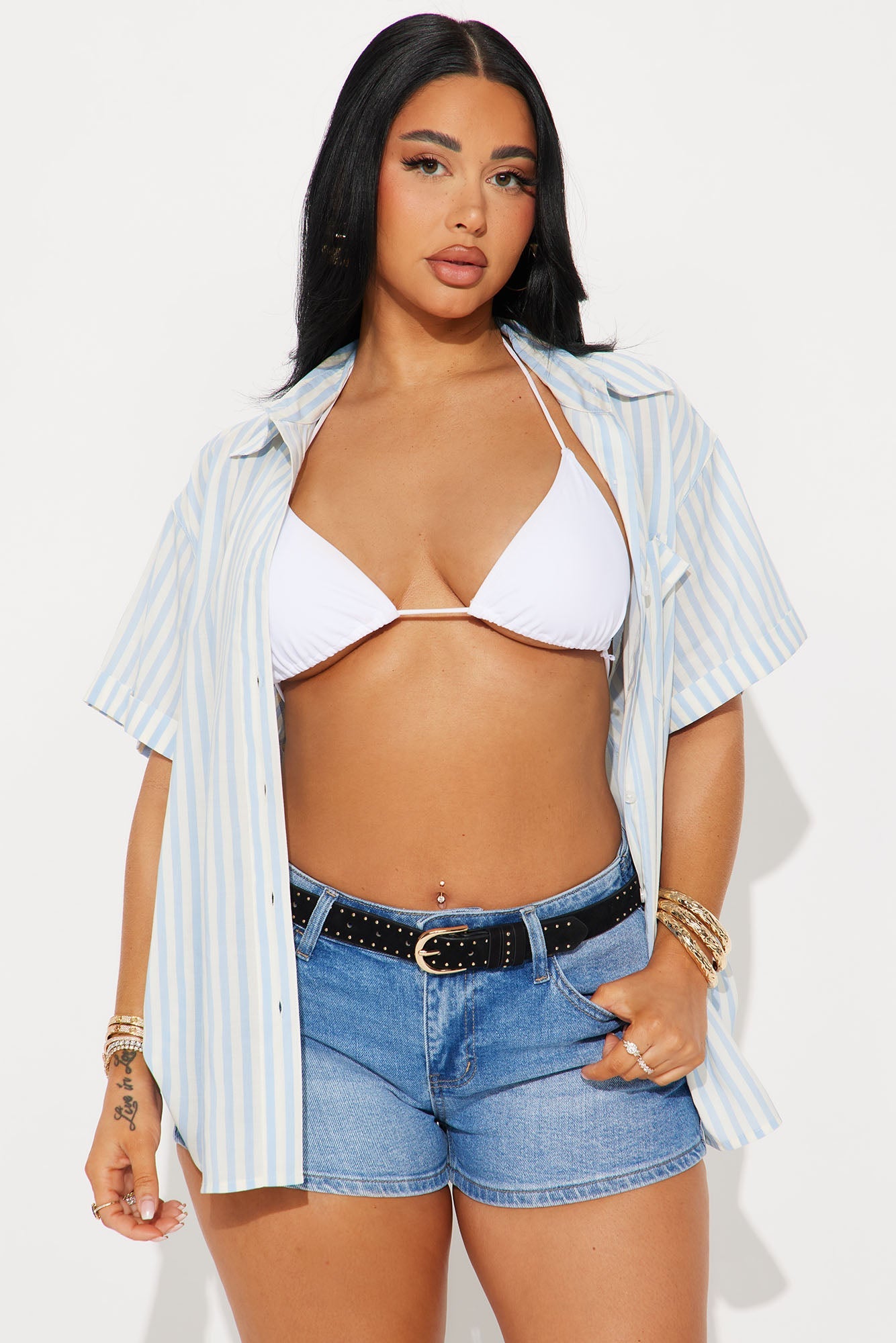 Breana Striped Button Front Shirt - Blue/combo