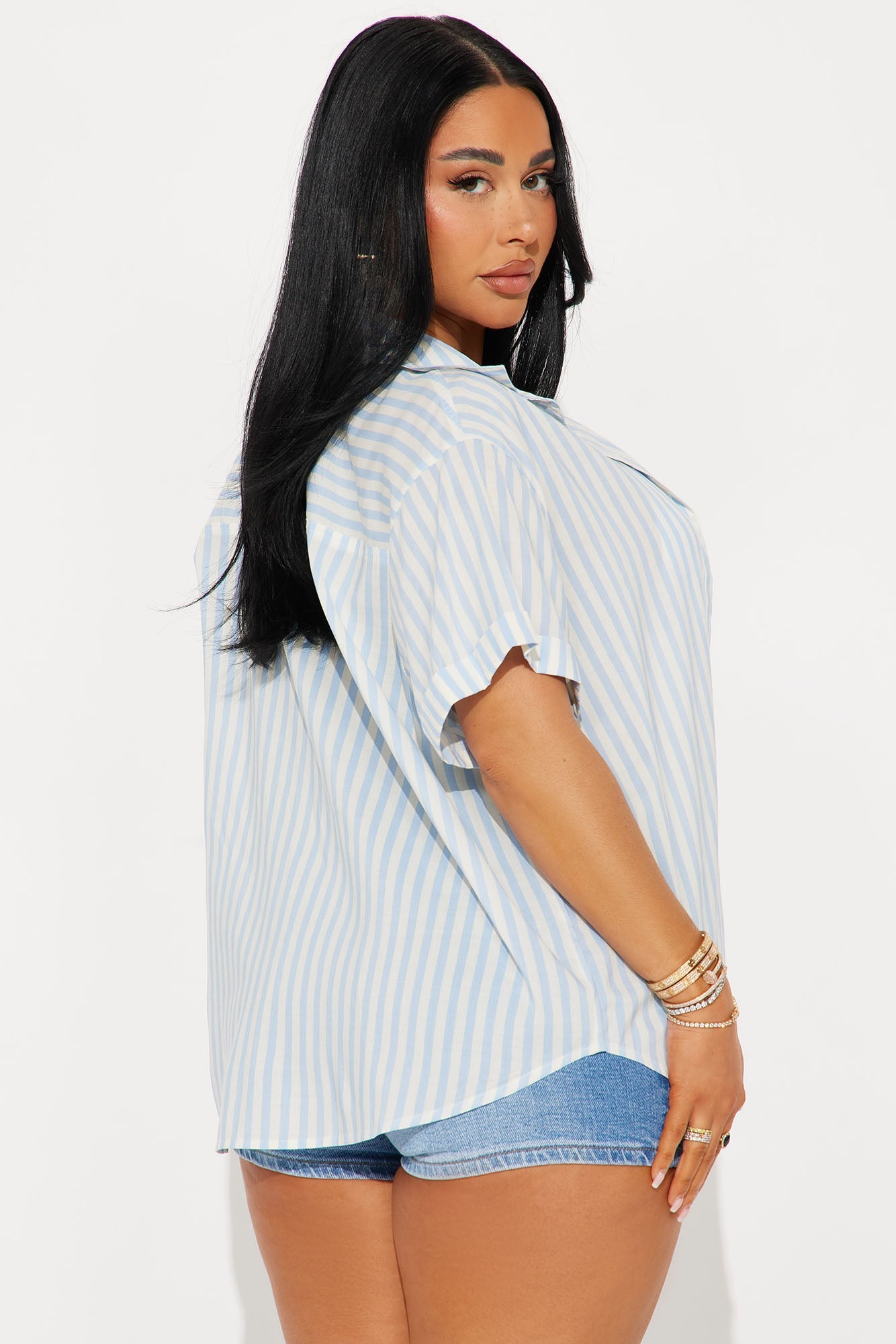 Breana Striped Button Front Shirt - Blue/combo