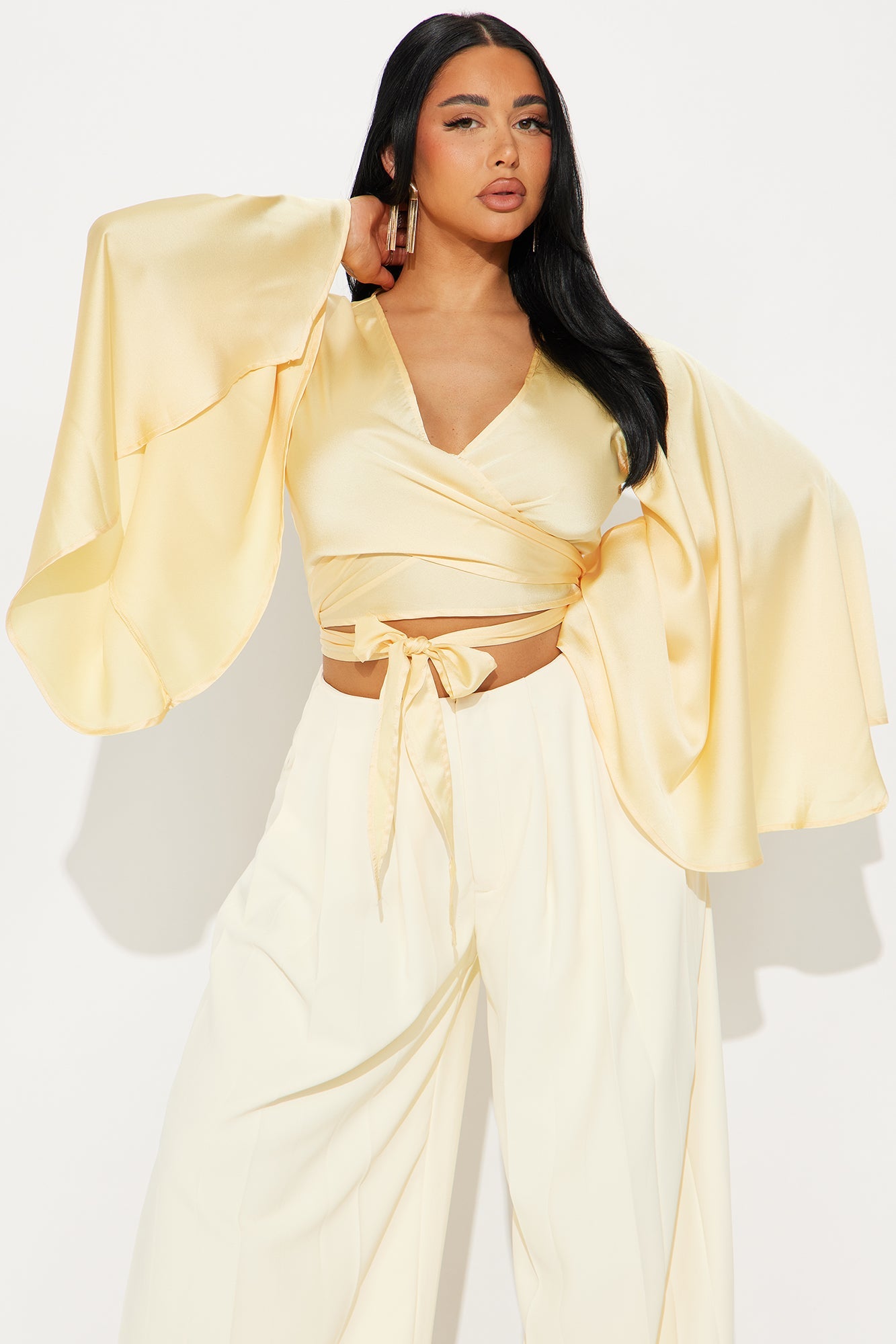 Aleyani Satin Tie Front Top - Yellow