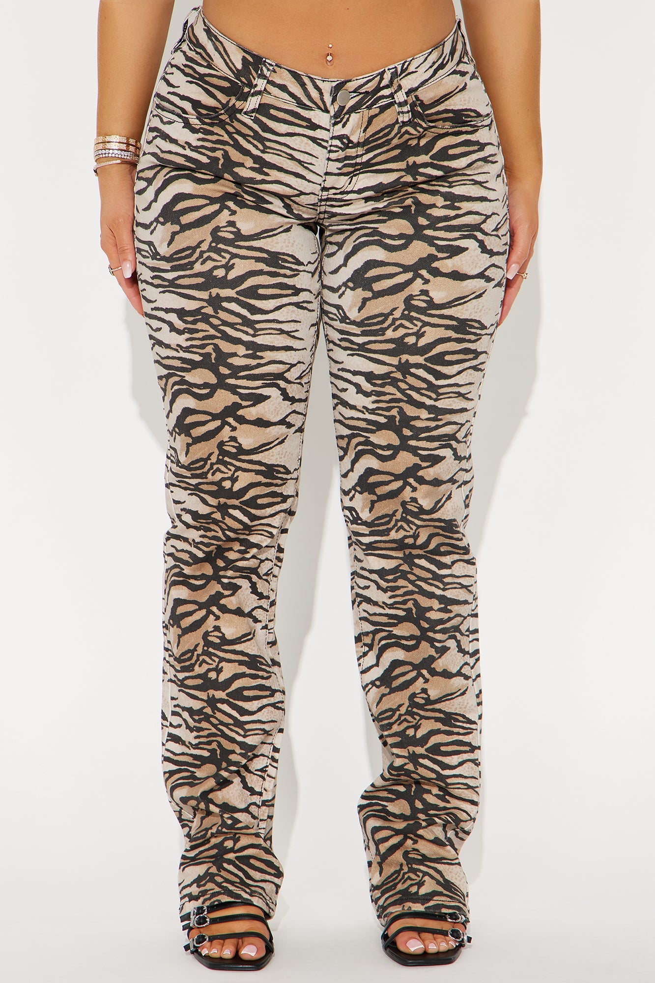 Tigress Low Rise Tiger Print Straight Leg Jeans - Taupe/combo