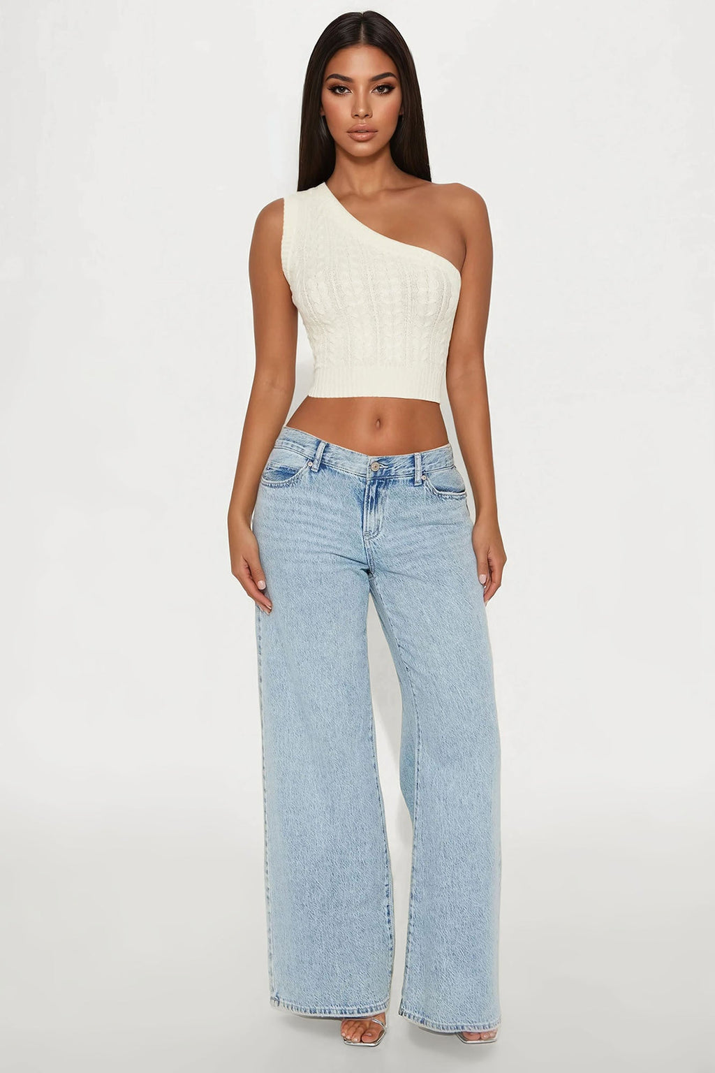 Devin Cable Knit One Shoulder Top - Cream