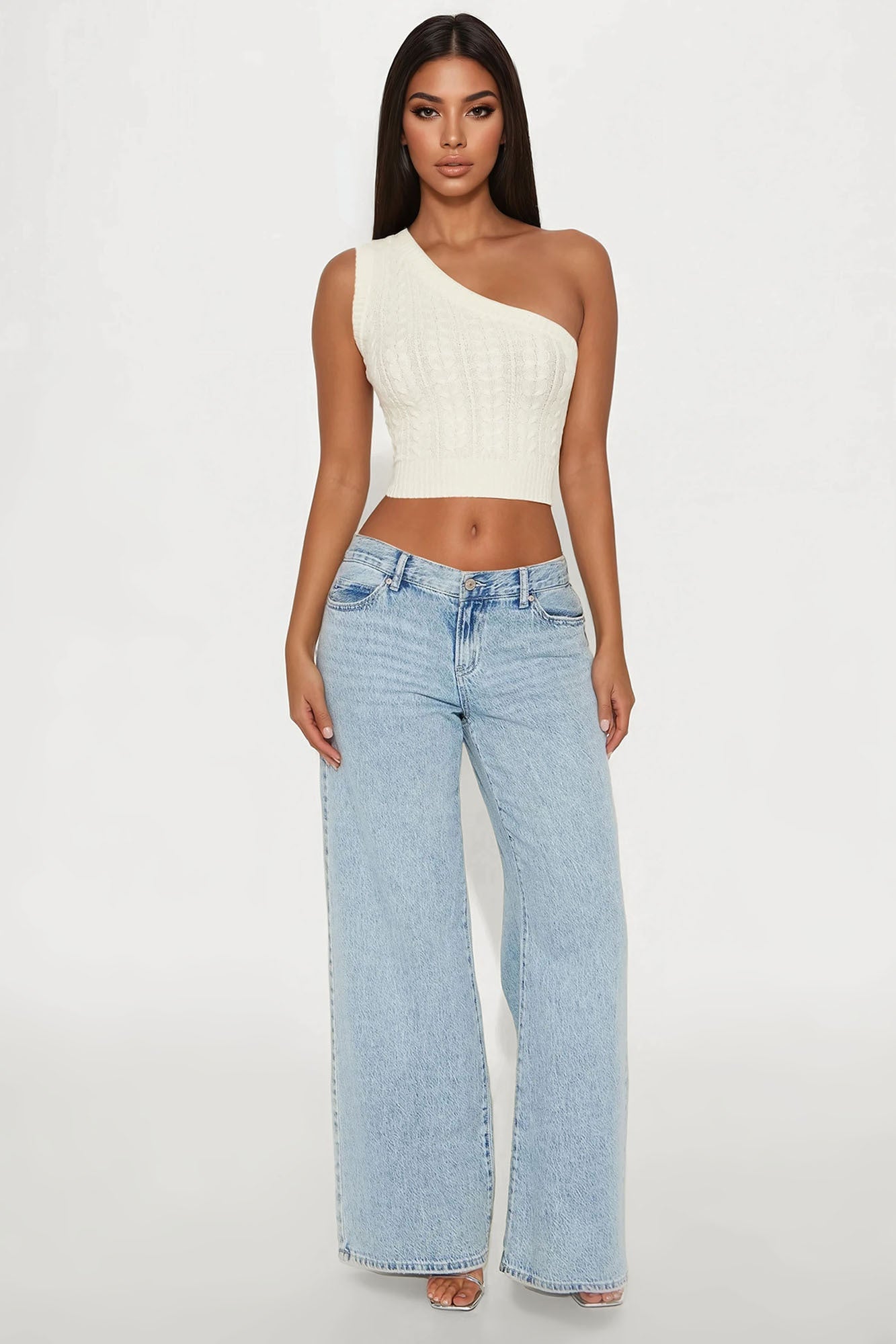 Devin Cable Knit One Shoulder Top - Cream
