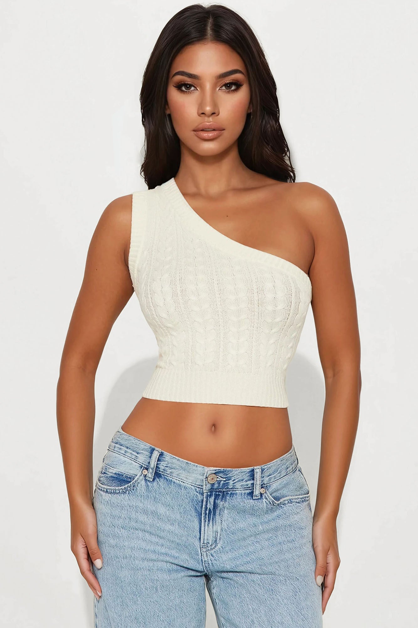 Devin Cable Knit One Shoulder Top - Cream
